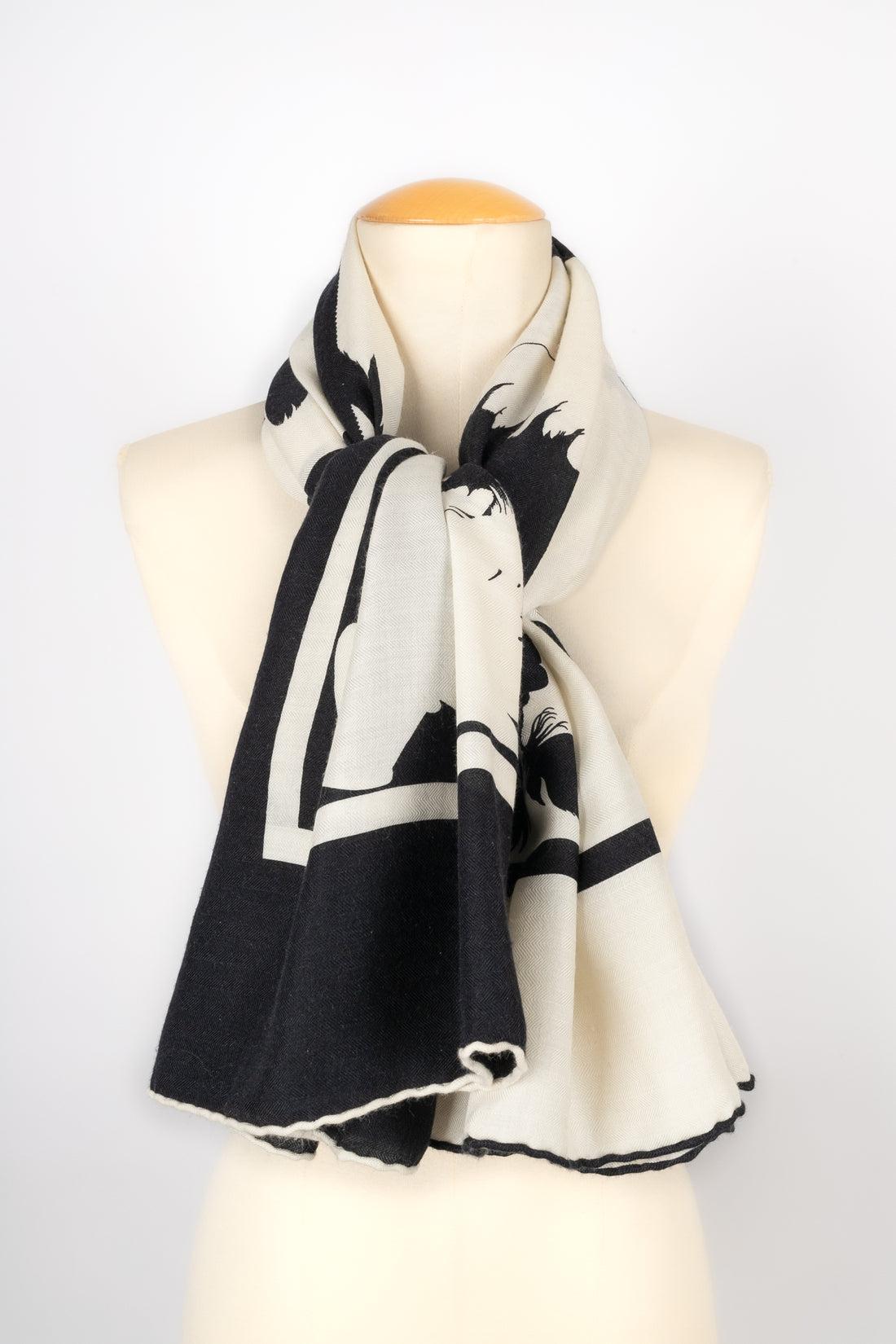 Beige Hermes Large Stole in Black and White Cashmere Shawl