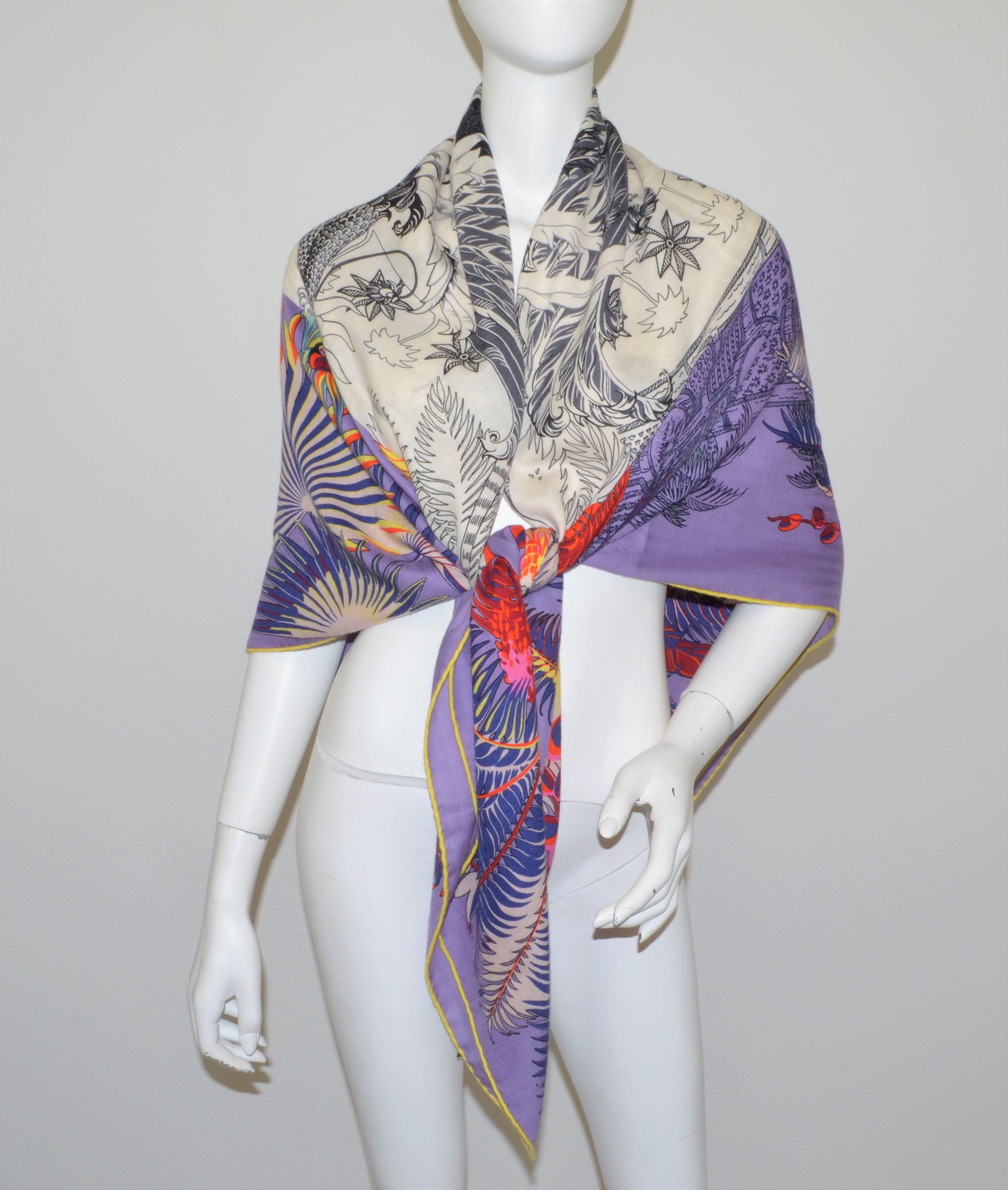 Hermes 140 cm Shawl Lavender Mythiques Phoenix by Laurence Bourthoumien -- Shawl in cashmere and silk (70% cashmere, 30% silk)

Designed by Laurence Bourthoumieux
Measures 55
