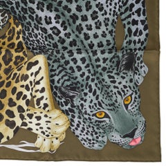 Hermes Lazy Leopardesses Kaki Fonce Anthracite Beige Silk Scarf 90