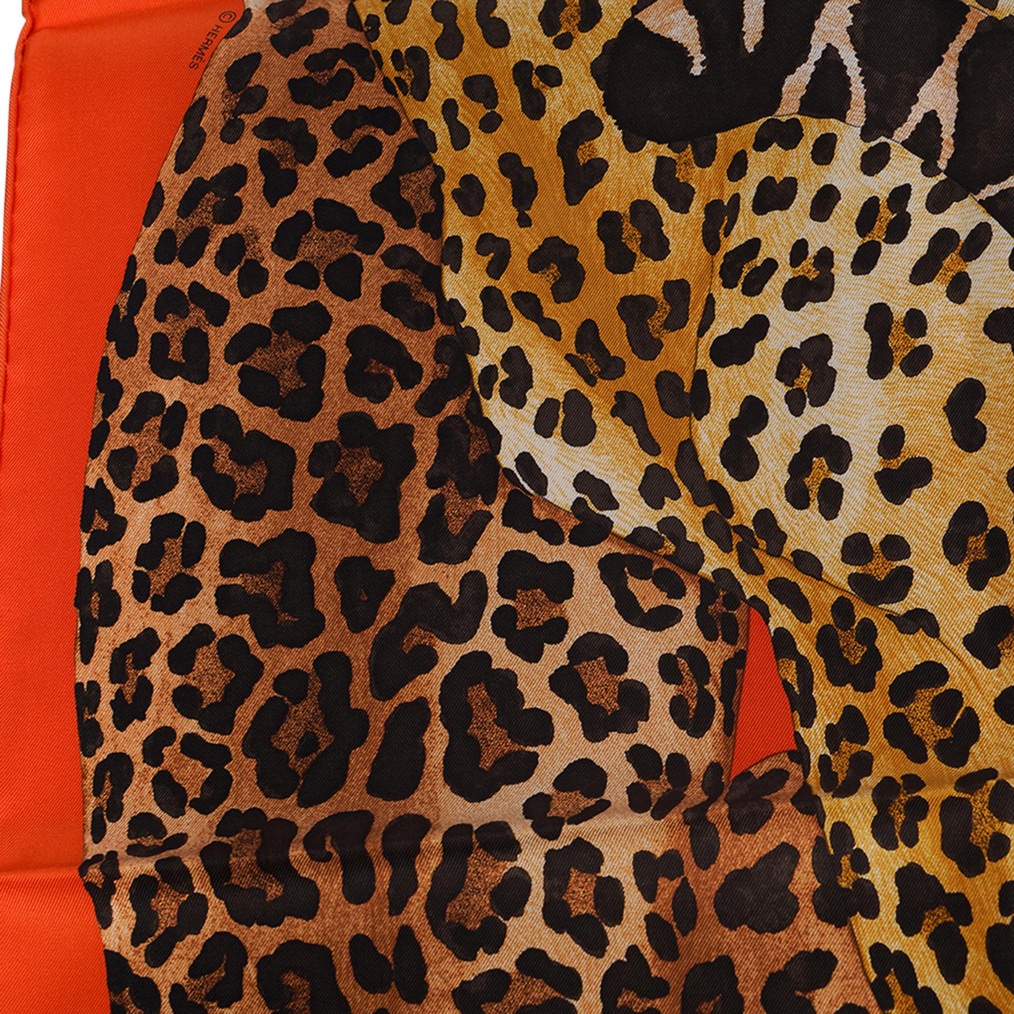 Hermes Lazy Leopardesses Potiron / Brun / Miel Scarf 90 For Sale 3