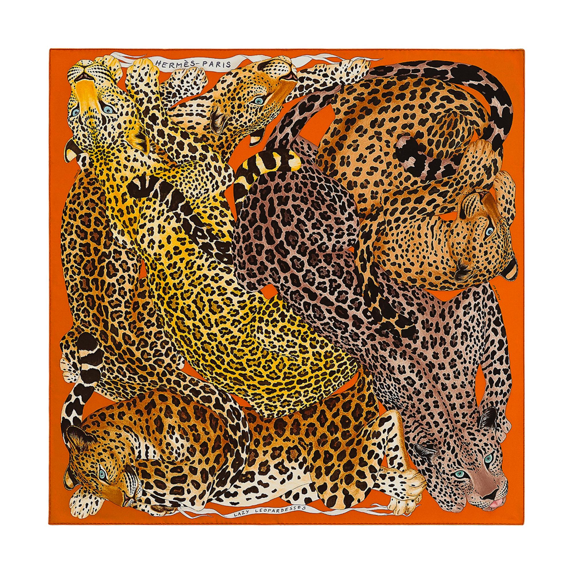 Hermes Lazy Leopardesses Potiron / Brun / Miel Scarf 90 For Sale 5