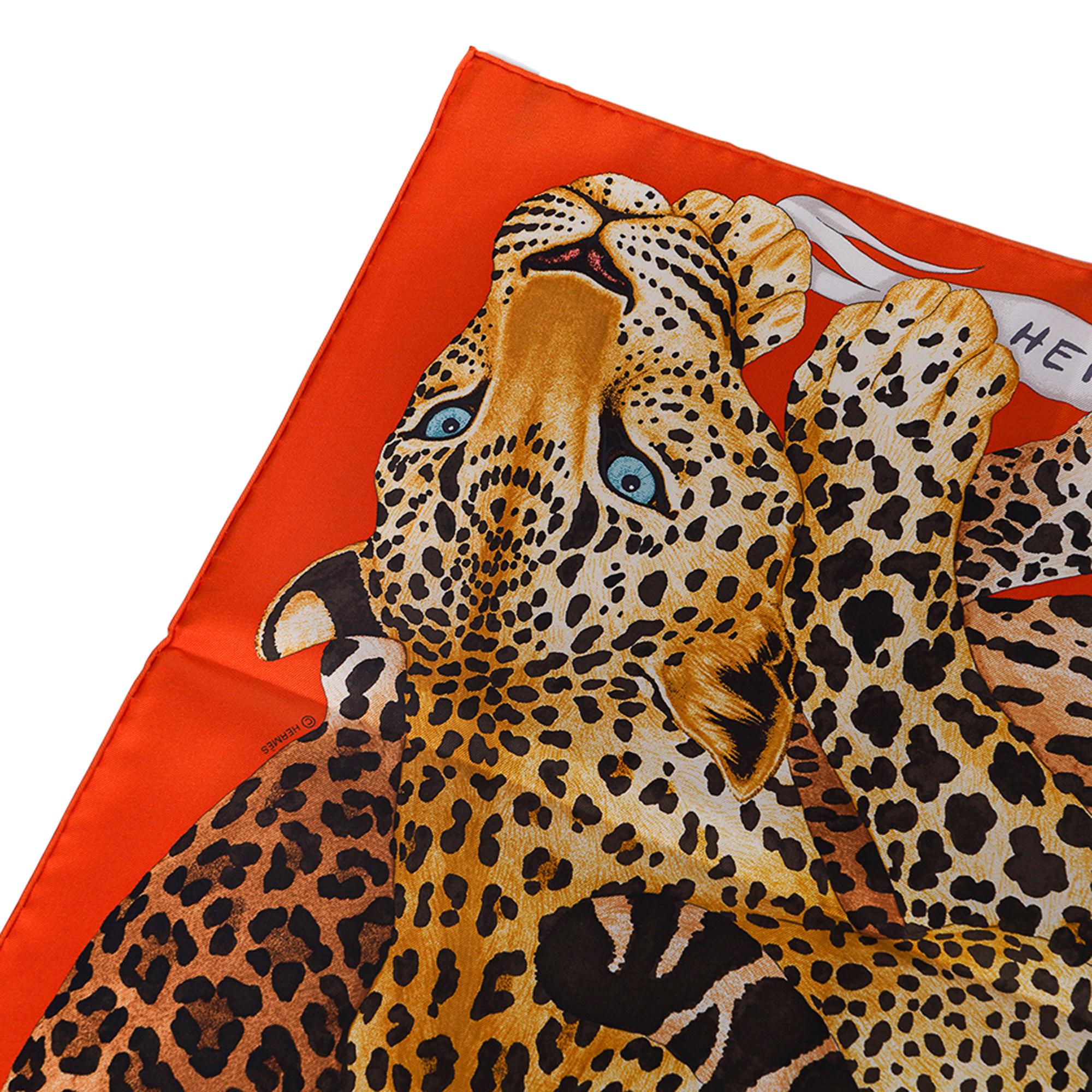Mightychic offers an Hermes Lazy Leopardesses silk scarf featured in Potiron, Brun and Miel.
This exquisite Hermes scarf depicts the graceful majesty of felines in rest.
Designed by Arlette Ess.
Signature hand rolled edge.
Comes with signature