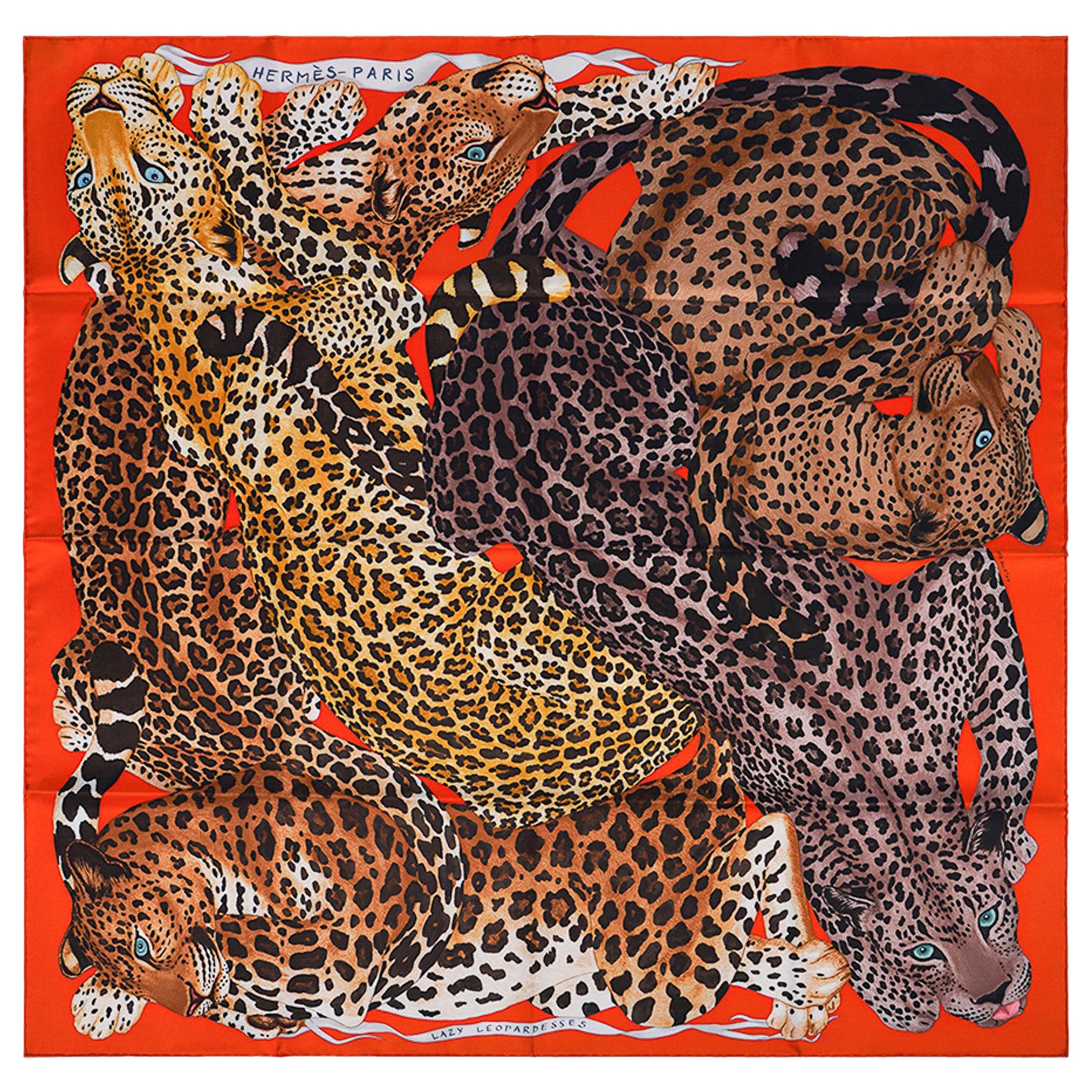 Foulard Hermes Lazy Leopardesses Potiron / Brun / Miel 90