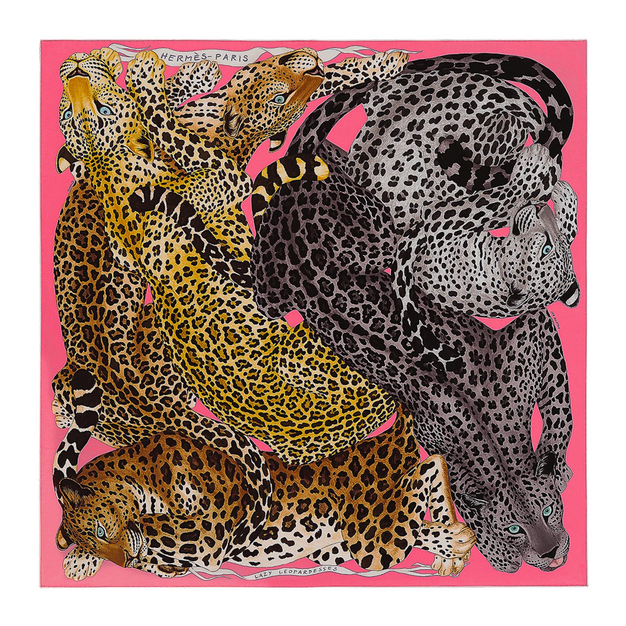 Mightychic offers an Hermes Lazy Leopardesses silk scarf featured in Rose Vif, Anthracite and Miel.
This exquisite Hermes scarf depicts the graceful majesty of felines in rest.
Designed by Arlette Ess.
Signature hand rolled edge.
Comes with