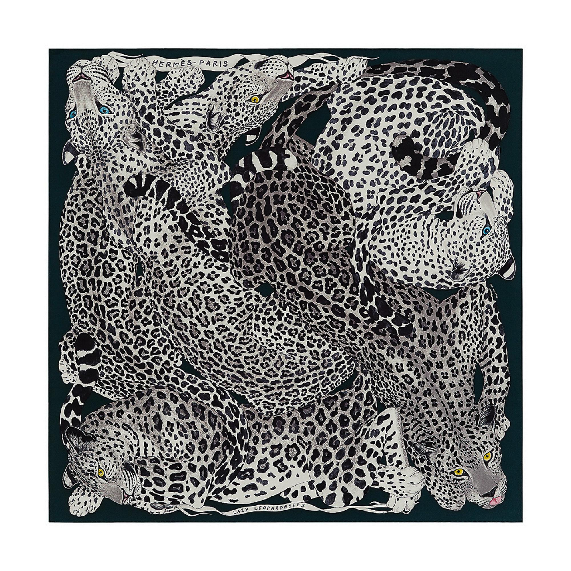 Hermes Lazy Leopardesses Foulard Vert Noir/ Gris Silk 90 New w/Box en vente 10