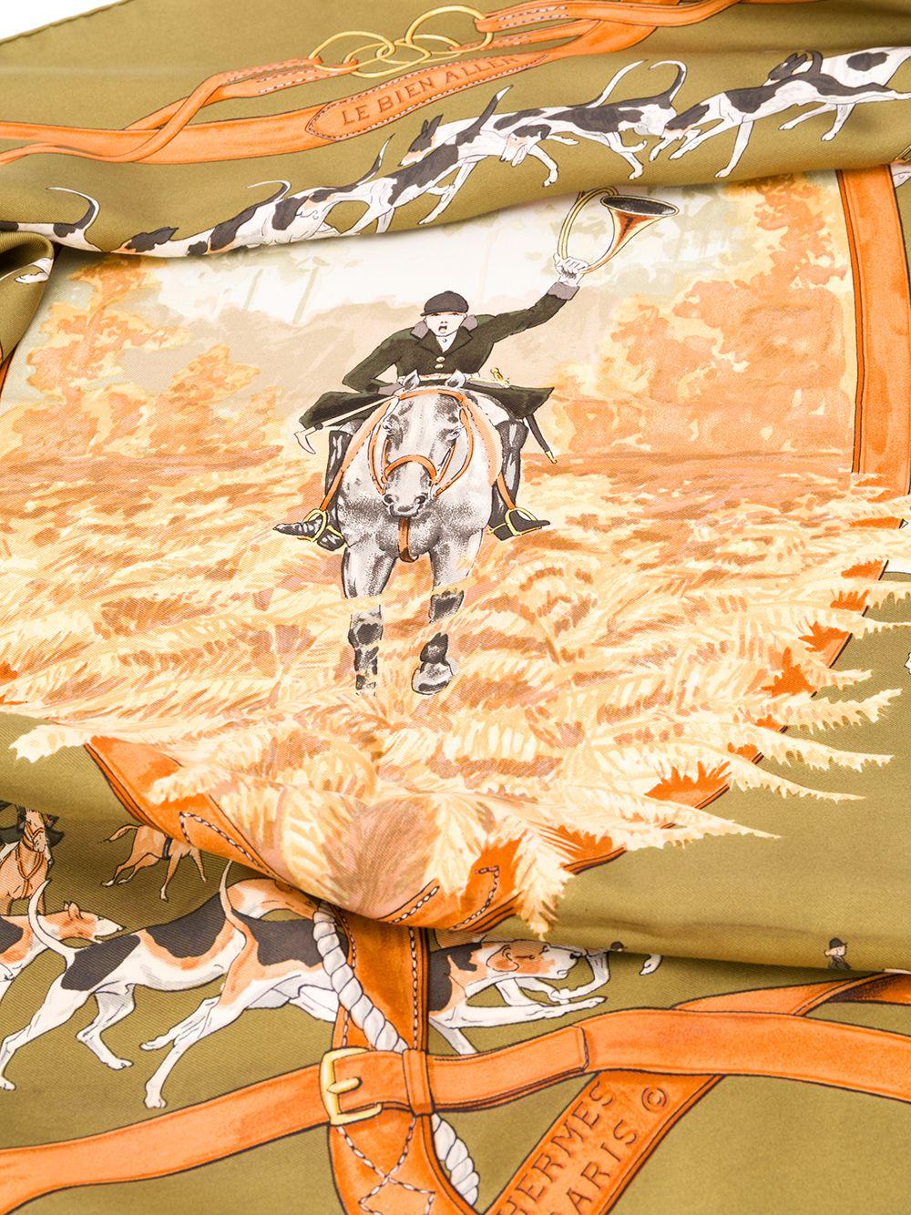 Crafted in France from the finest silk in a colourful palette of olive green, gold and brown, this pre-owned scarf by Hermès features a lightweight construction, a square shape and an elegant, all-over 'fox hunt' motif print. The piece is delicately