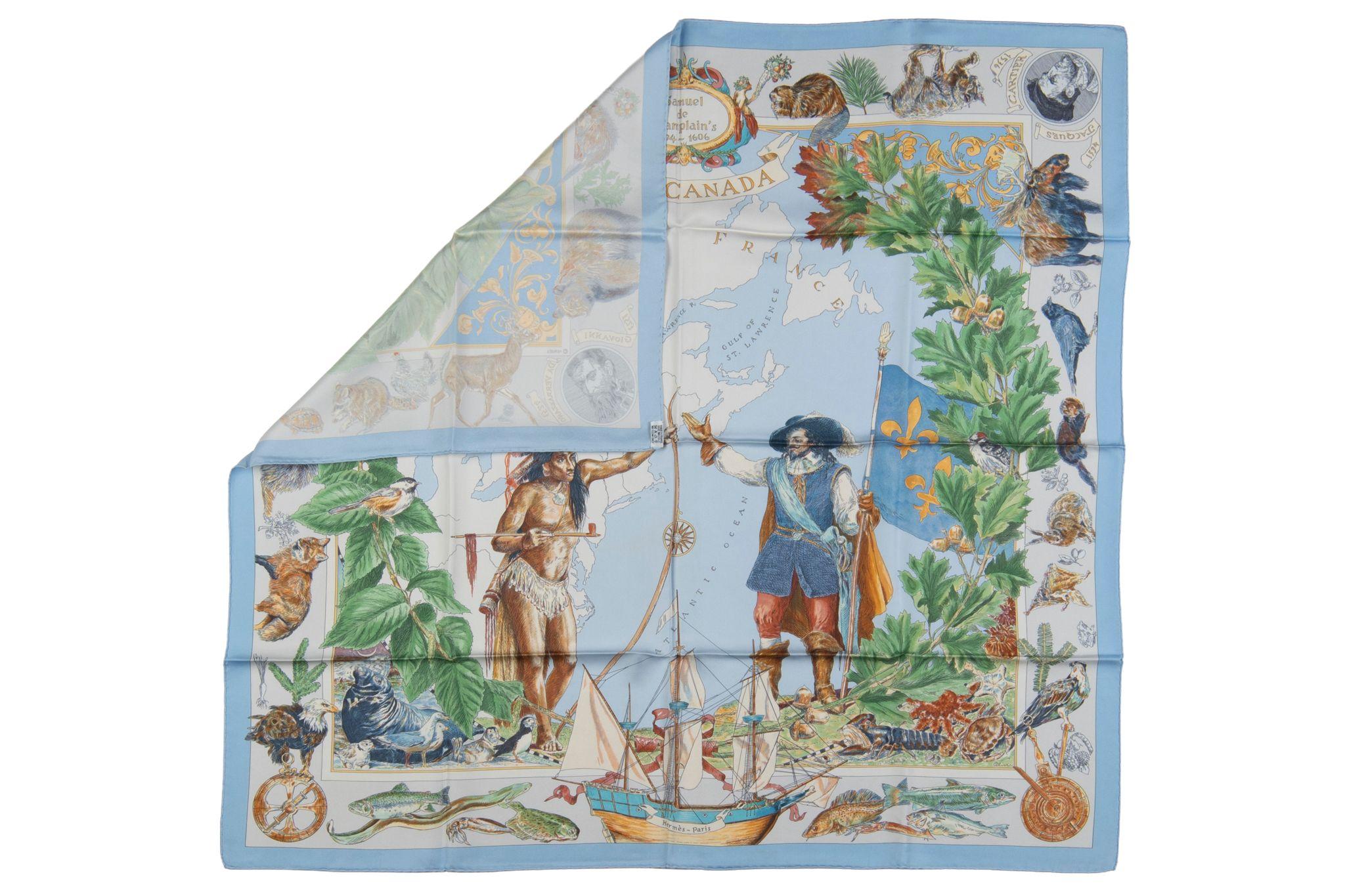 Echarpe en twill de soie Hermès Le Canada, conçue par le très convoité designer Kermit Oliver. Bords roulés à la main. Collectional couleur pastel.