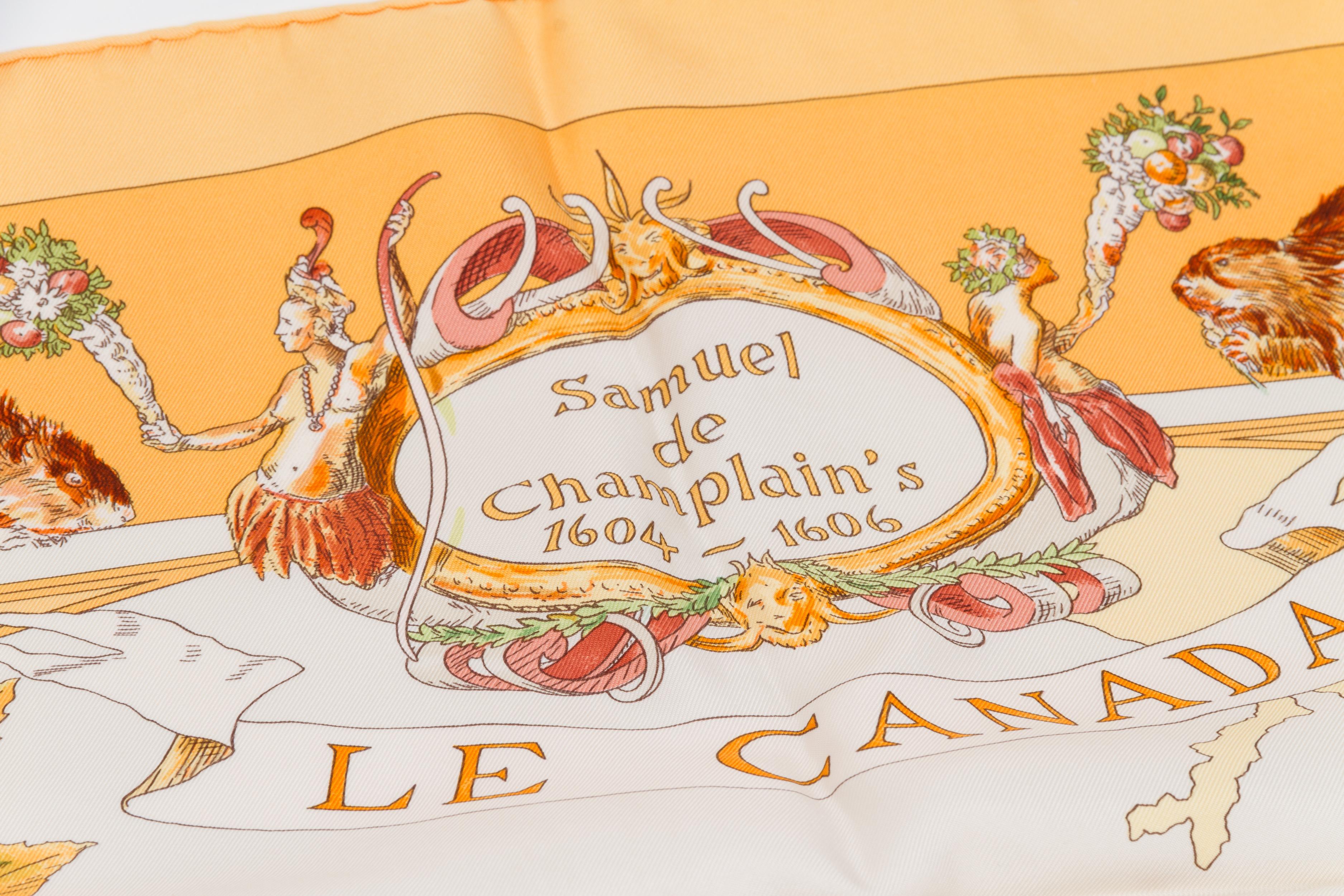Beige Hermès - Écharpe de collection Le Canada en soie, collectionnée en vente