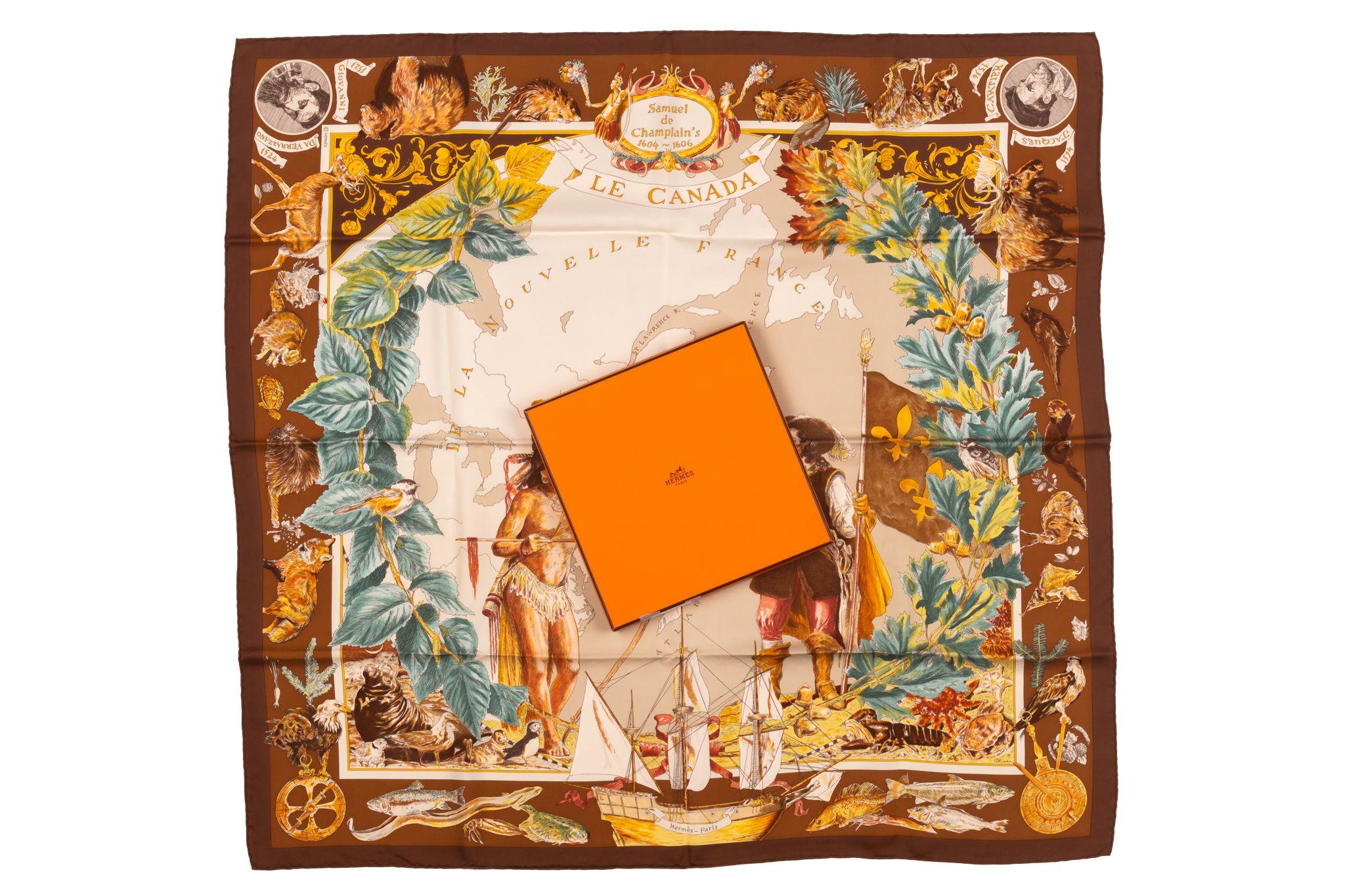 Hermès brown silk Le Canada scarf designed by Kermit Oliver. Hand-rolled edges. Highly collectible and rare. Pre-owned with box.