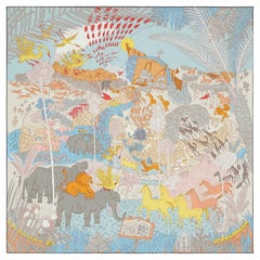 Hermes Bleu Glacier / Jaune Vif / Gris Le Carnaval des Animaux scarf 90