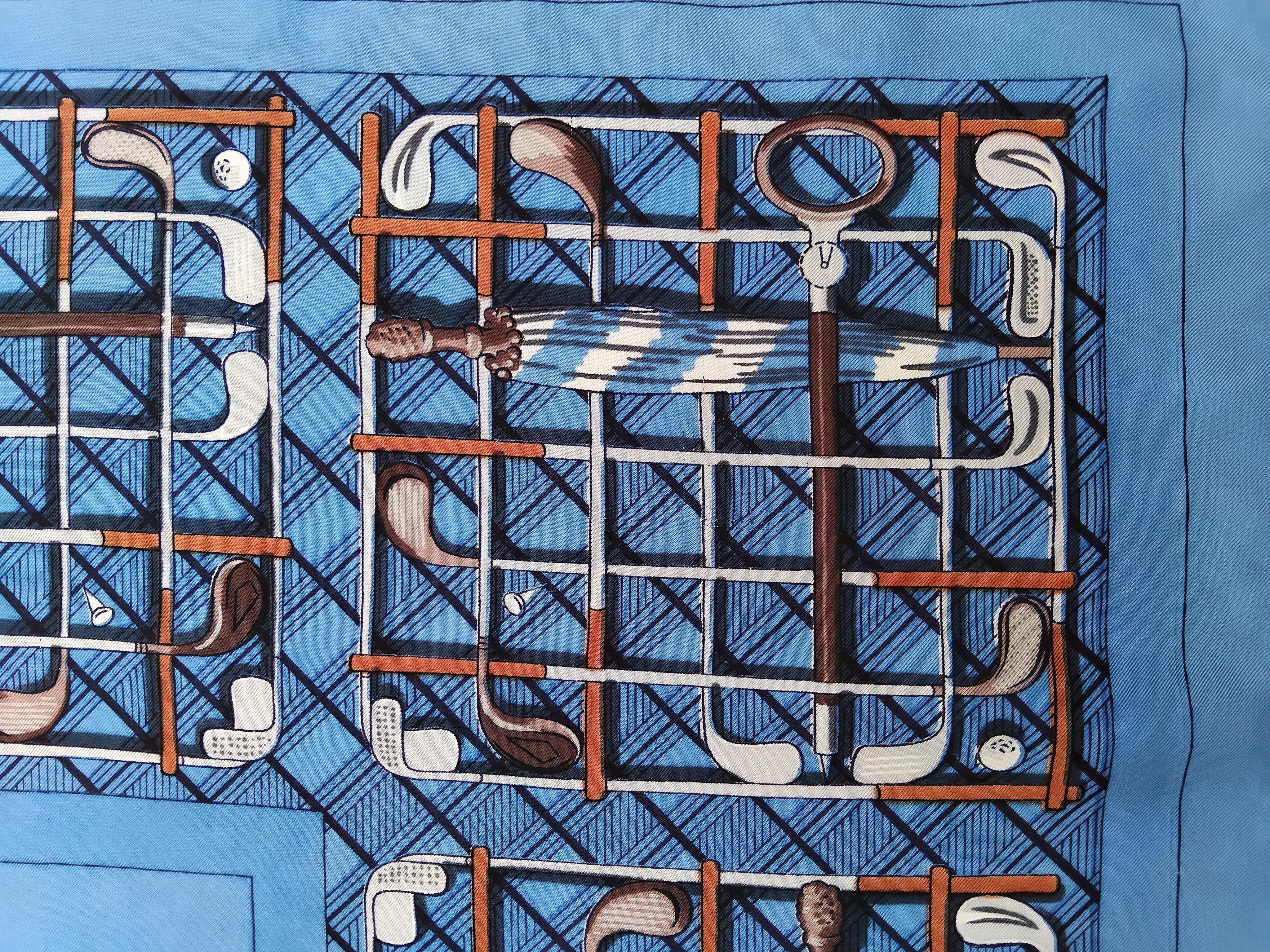 Blue Hermès Le Golf Vintage Silk Scarf Golf Clubs Umbrellas 1953