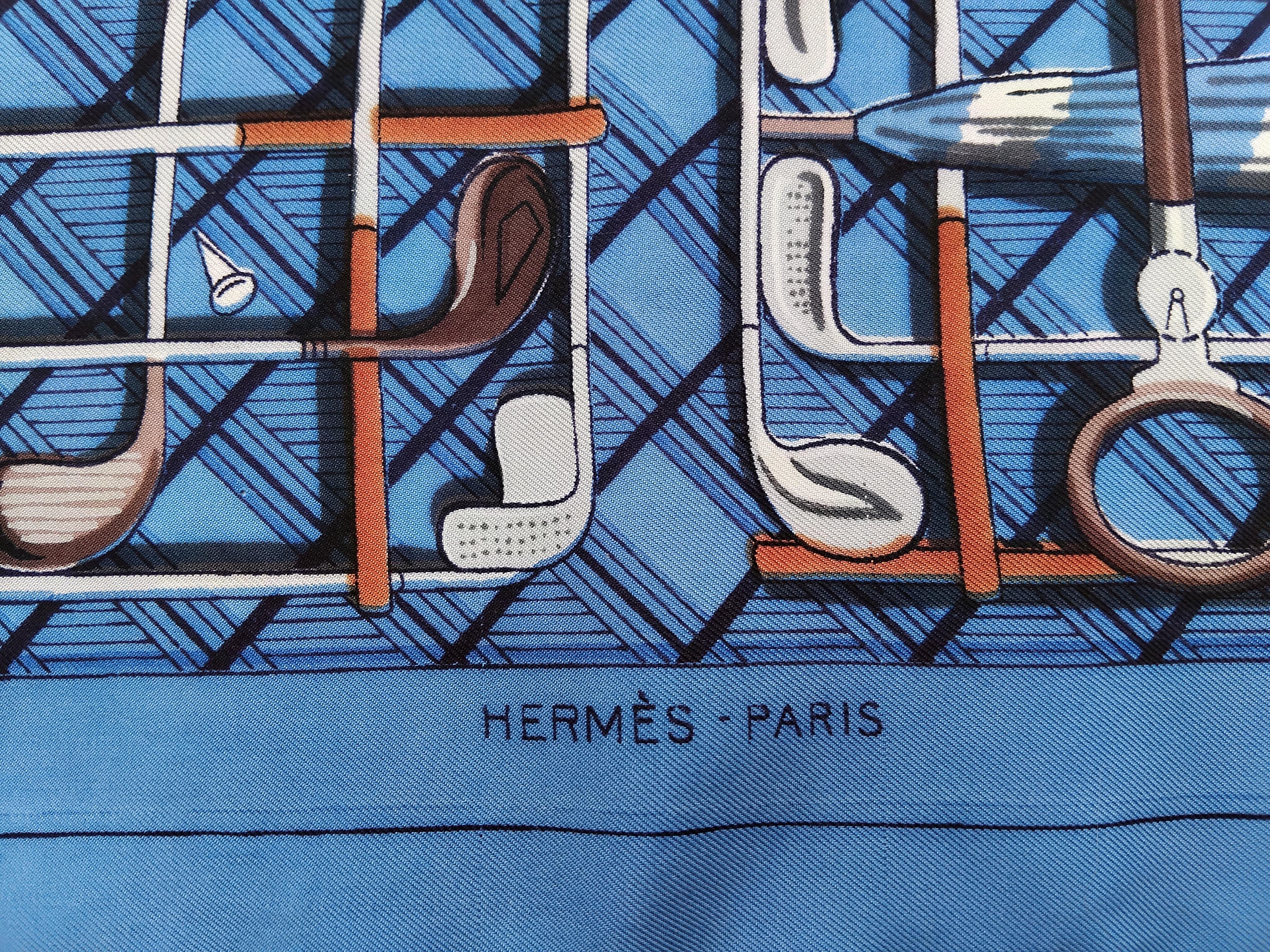 Women's or Men's Hermès Le Golf Vintage Silk Scarf Golf Clubs Umbrellas 1953