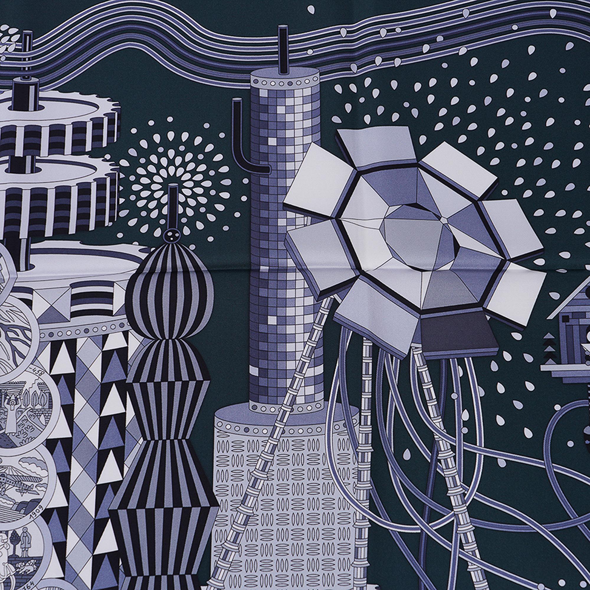 Hermes Le Laboratoire du Temps Scarf Hunting Green / Grey / White Silk 90 3