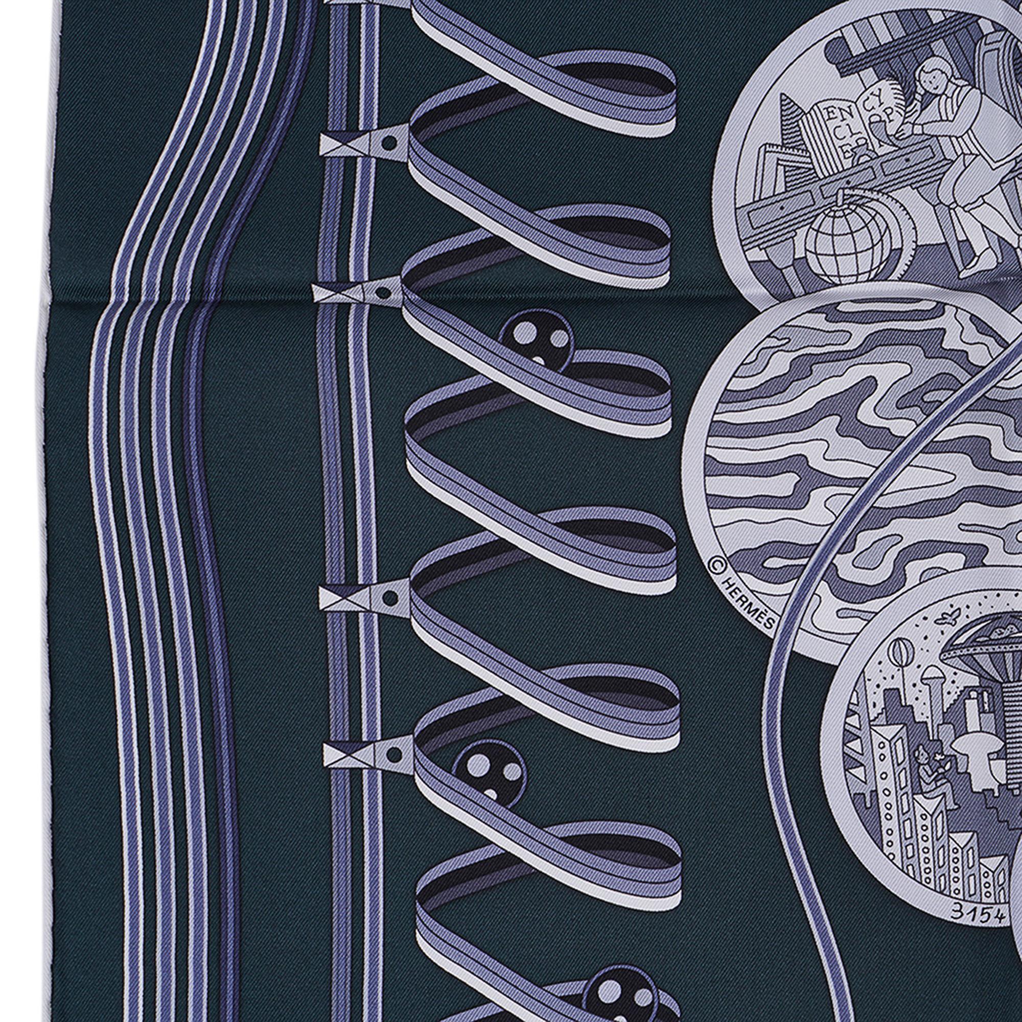 Hermes Le Laboratoire du Temps Scarf Hunting Green / Grey / White Silk 90 For Sale 8