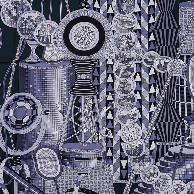 Foulard Carré Hermès 90 En Soie - Motif '35, Laboratoire Du Temps' - Rare Collector - Neuf Sans étiquette