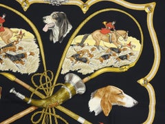 Hermes Le Laisser Courre Black Hunting Dogs 90cm Silk Scarf