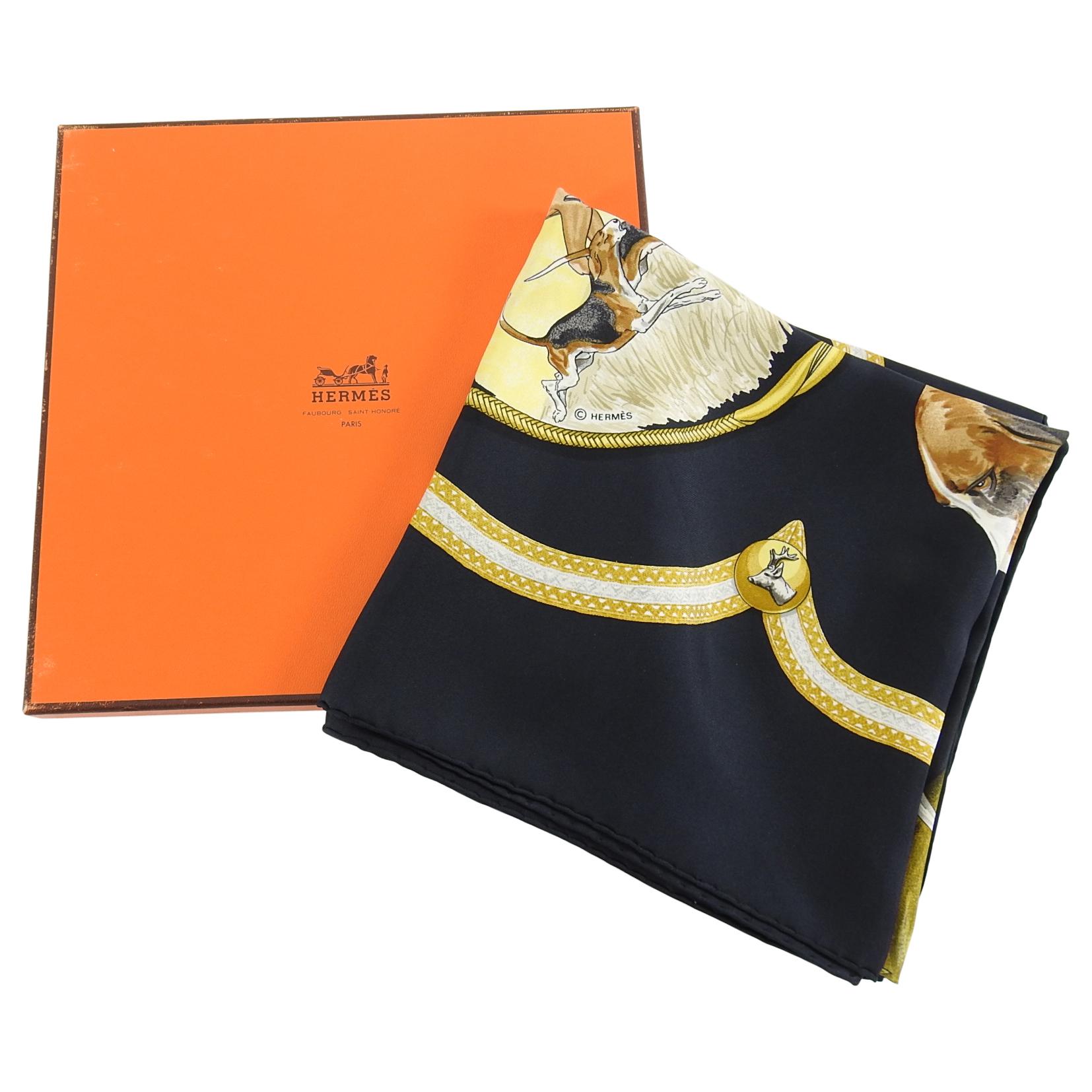 Women's Hermes Le Laisser Courre Black Hunting Dogs 90cm Silk Scarf