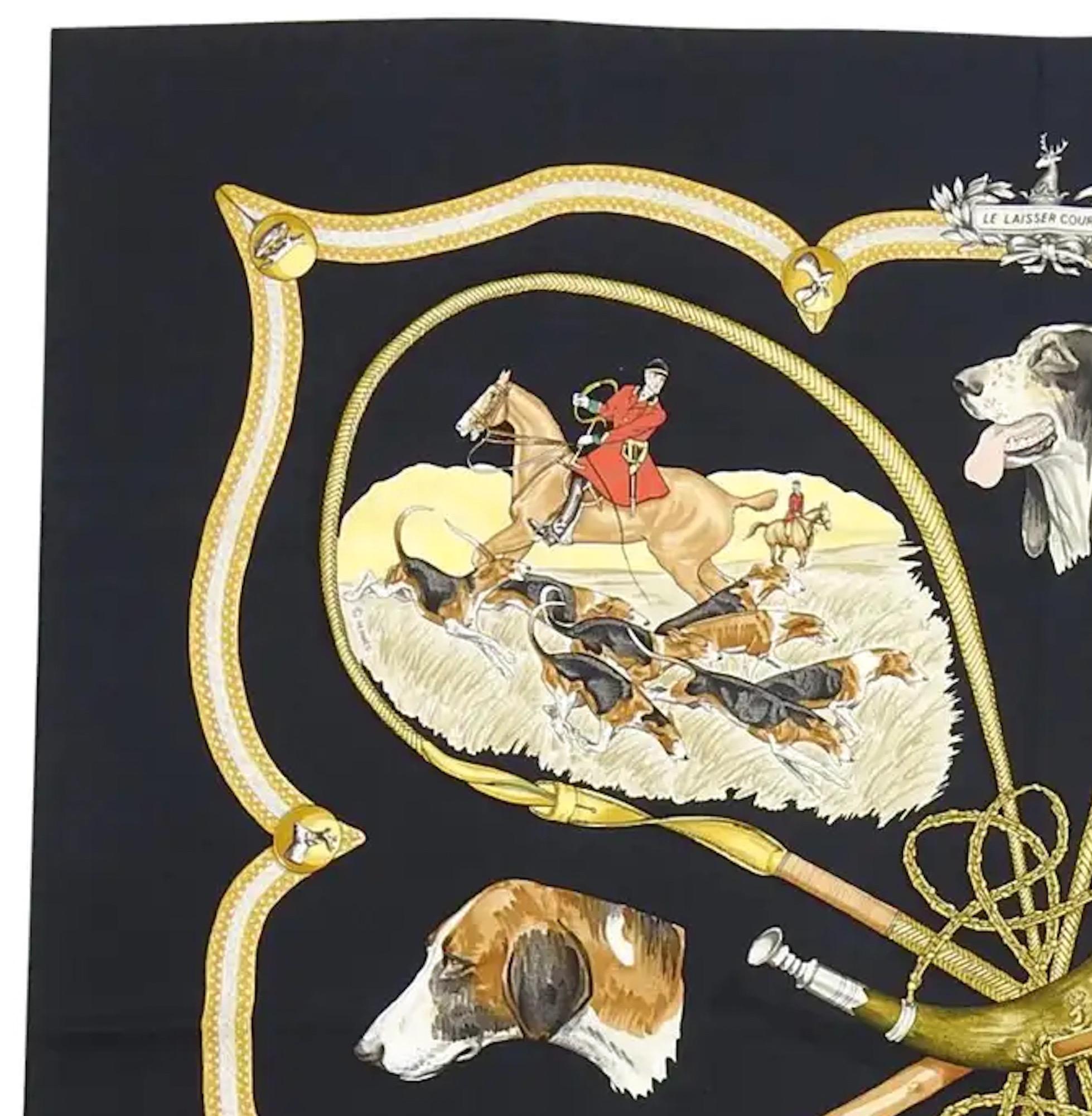 Hermes silk scarf « Le Laisser Courre » by J de Fougerolle featuring a black border, and a top logo signature. 
Circa 1979
In good vintage condition. Made in France.
35,4in. (90cm)  X 35,4in. (90cm)
We guarantee you will receive this  iconic item as