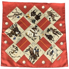 Vintage HERMES Le Monde du Polo Orange Silk Pocket Square