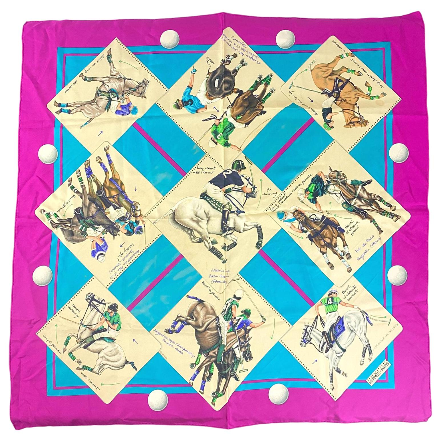 Hermès "Le Monde du Polo" Silk Scarf by Chantal de Crissey circa 1988.