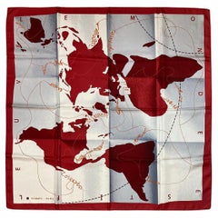Hermes Le Monde est une Fleuve World Print Silk Scarf in Red