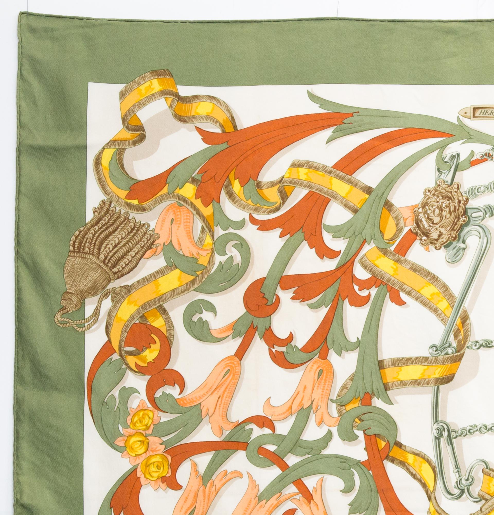 Hermes le Mors « à la Conétable » by Henri d Origny  Silk Scarf featuring a green border and a Hermès signature. 
Circa 1985
In good vintage condition. Made in France.
35,4in. (90cm)  X 35,4in. (90cm)
We guarantee you will receive this  iconic item