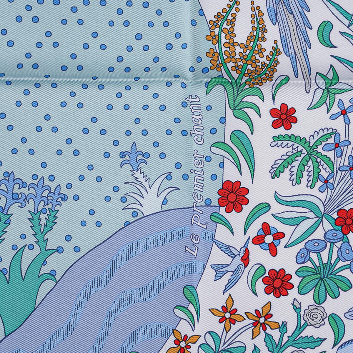 Hermes Le Premier Chant Aqua / Vert / Grenadine Silk Scarf 90 For Sale 6