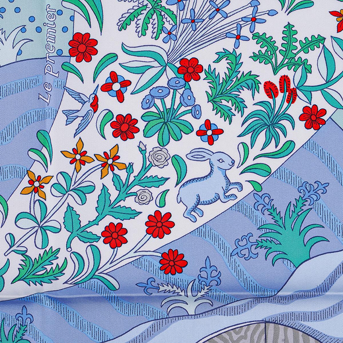 Blue Hermes Le Premier Chant Aqua / Vert / Grenadine Silk Scarf 90 For Sale