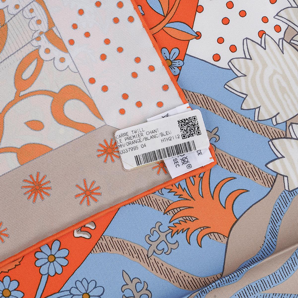 Hermes Le Premier Chant Orange / Blanc / Blue Ciel Silk Scarf 90 For Sale 10