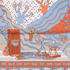 Hermes Le Premier Chant Orange / Blanc / Blue Ciel Silk Scarf 90