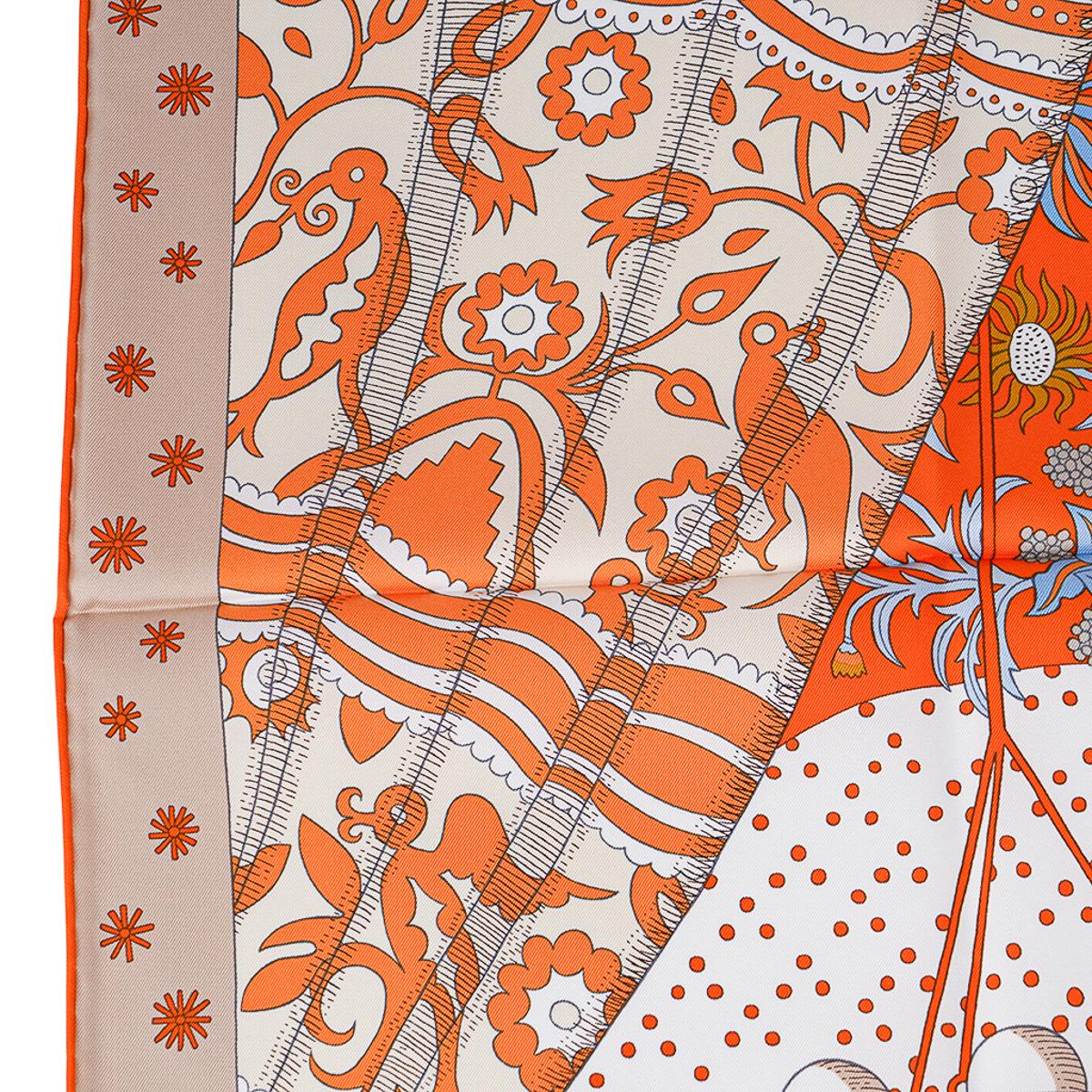 Hermes Le Premier Chant Orange / Blanc / Blue Ciel Silk Scarf 90 For Sale 3