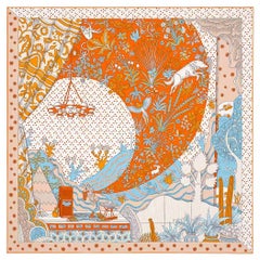 Hermès - Écharpe en soie « Le Premier Chant » orange, blanc et bleue, taille 90