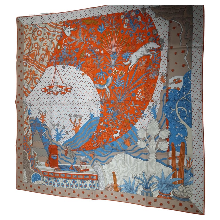 Hermes Le Premier Chant scarf 90 Orange / Blanc / Bleu Ciel Silk For