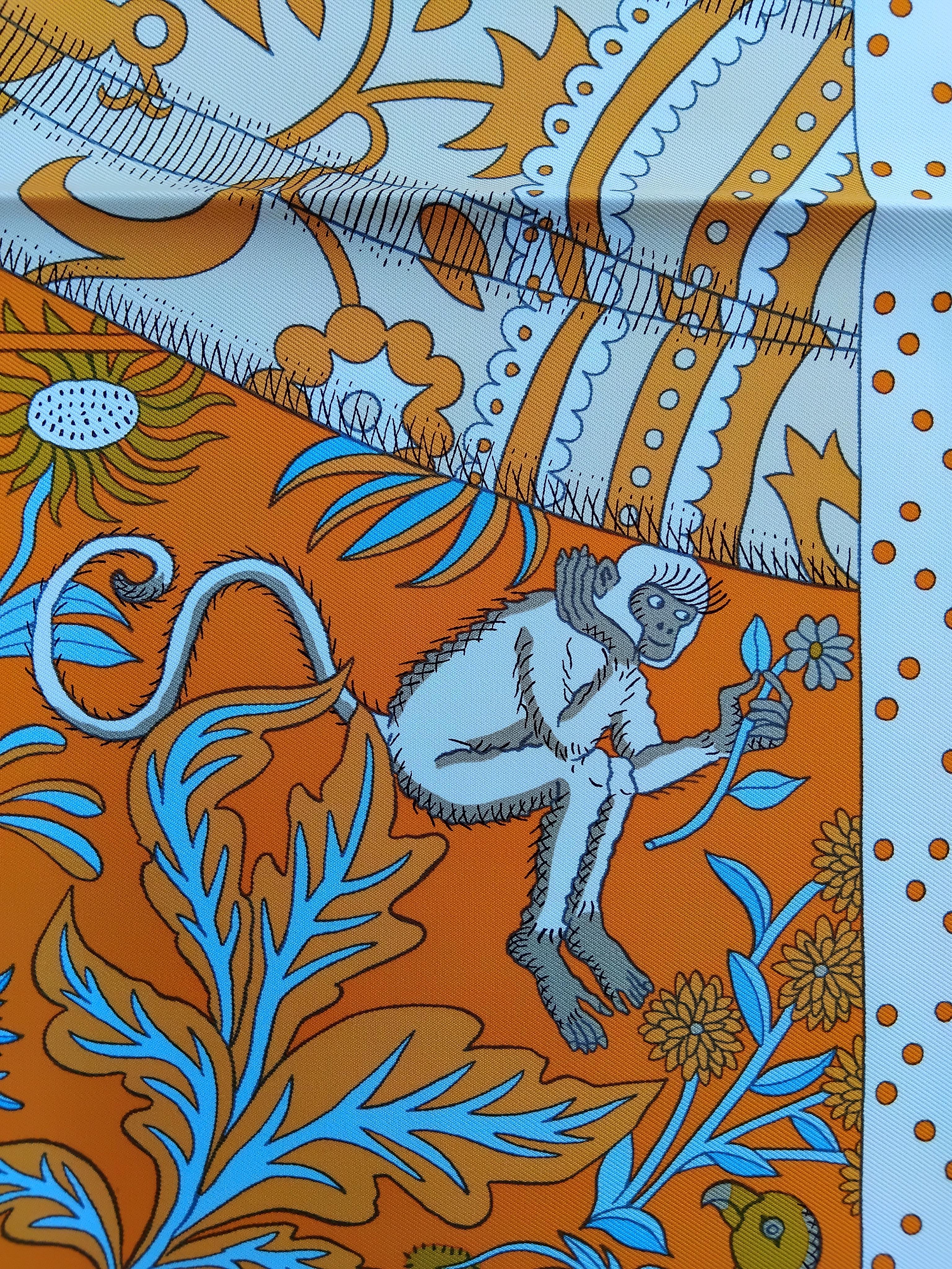 Hermès Le Premier Chant Silk Scarf Orange Blanc Bleu 35' For Sale 6