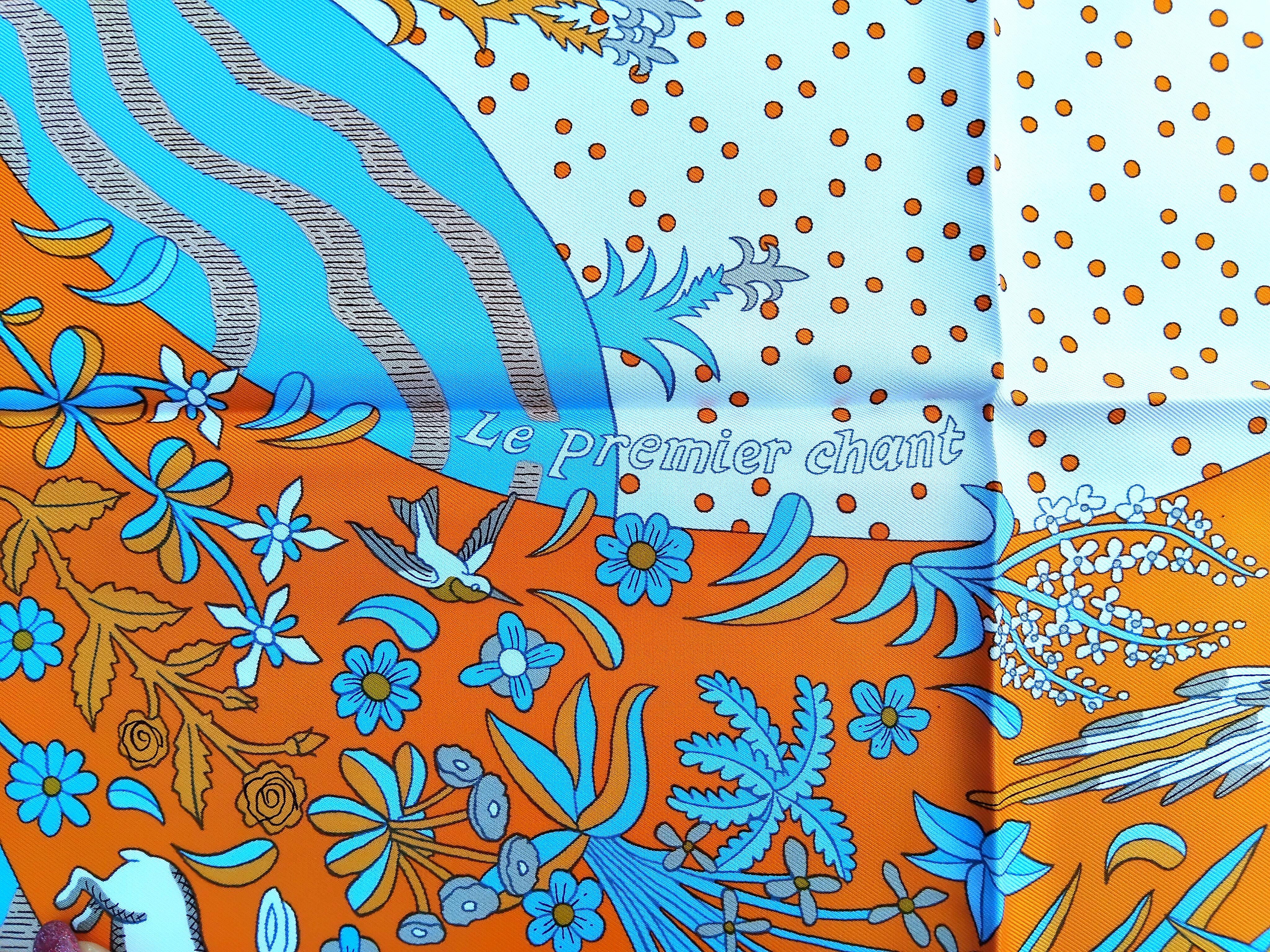 Hermès Le Premier Chant Silk Scarf Orange Blanc Bleu 35' For Sale 9