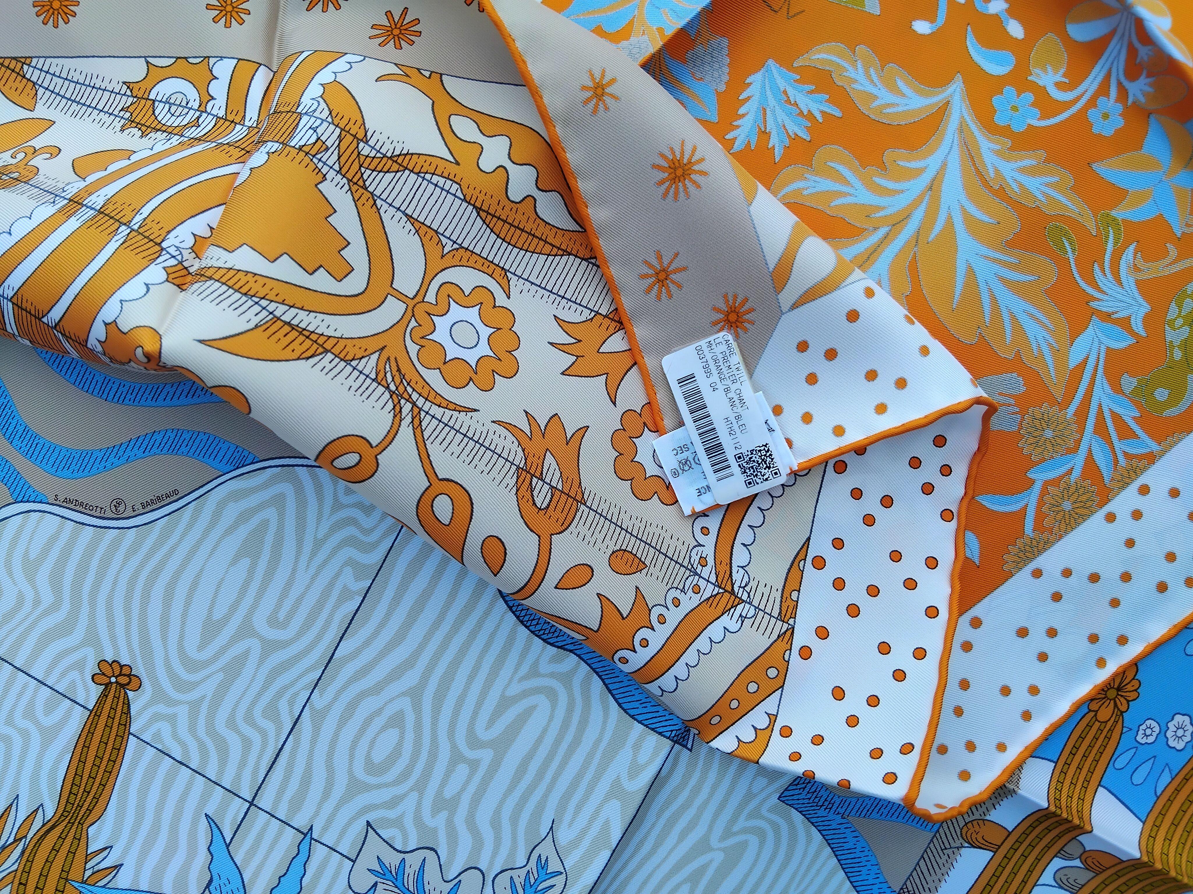 Hermès Le Premier Chant Silk Scarf Orange Blanc Bleu 35' For Sale 10