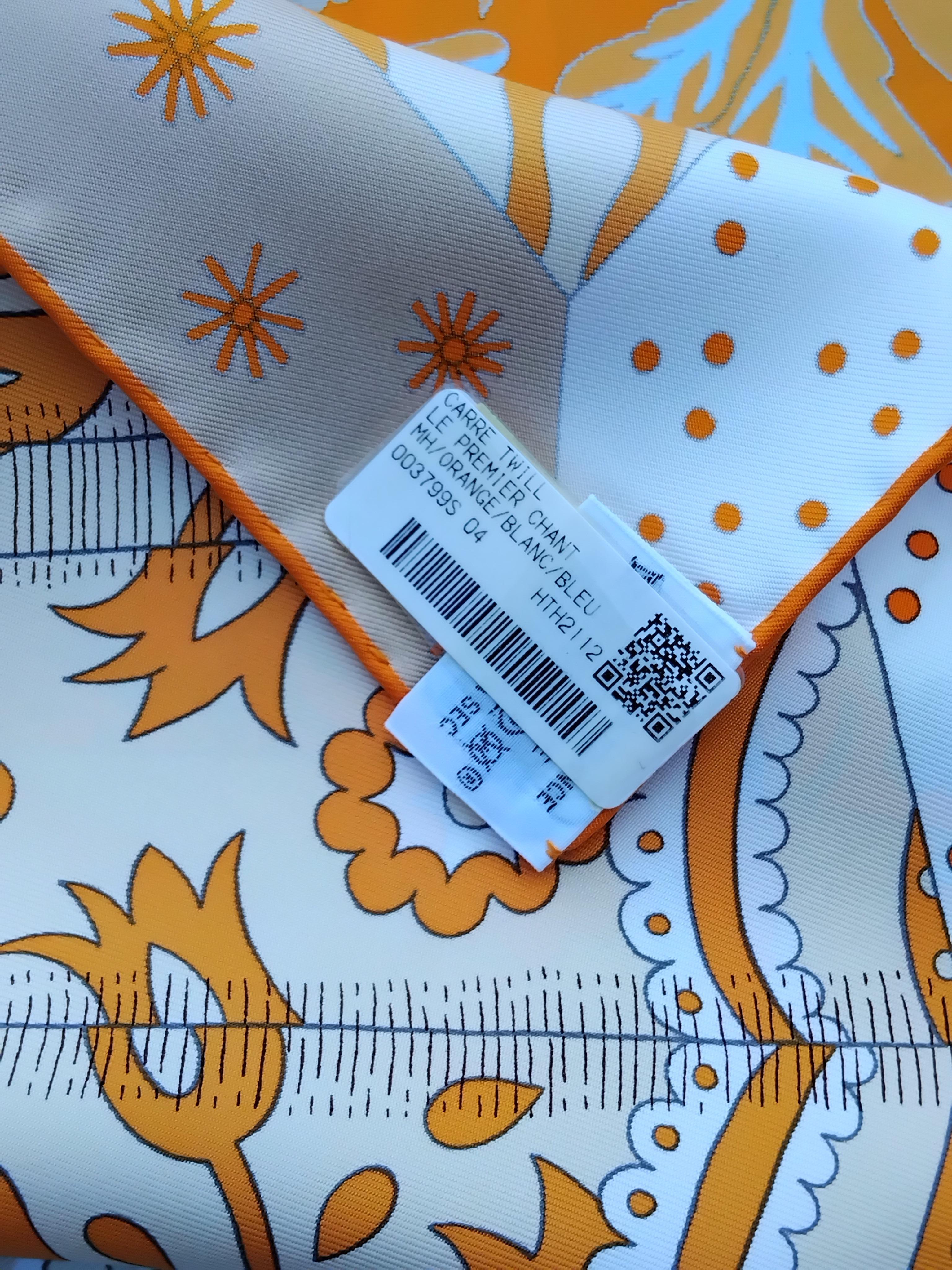 Hermès Le Premier Chant Silk Scarf Orange Blanc Bleu 35' For Sale 11