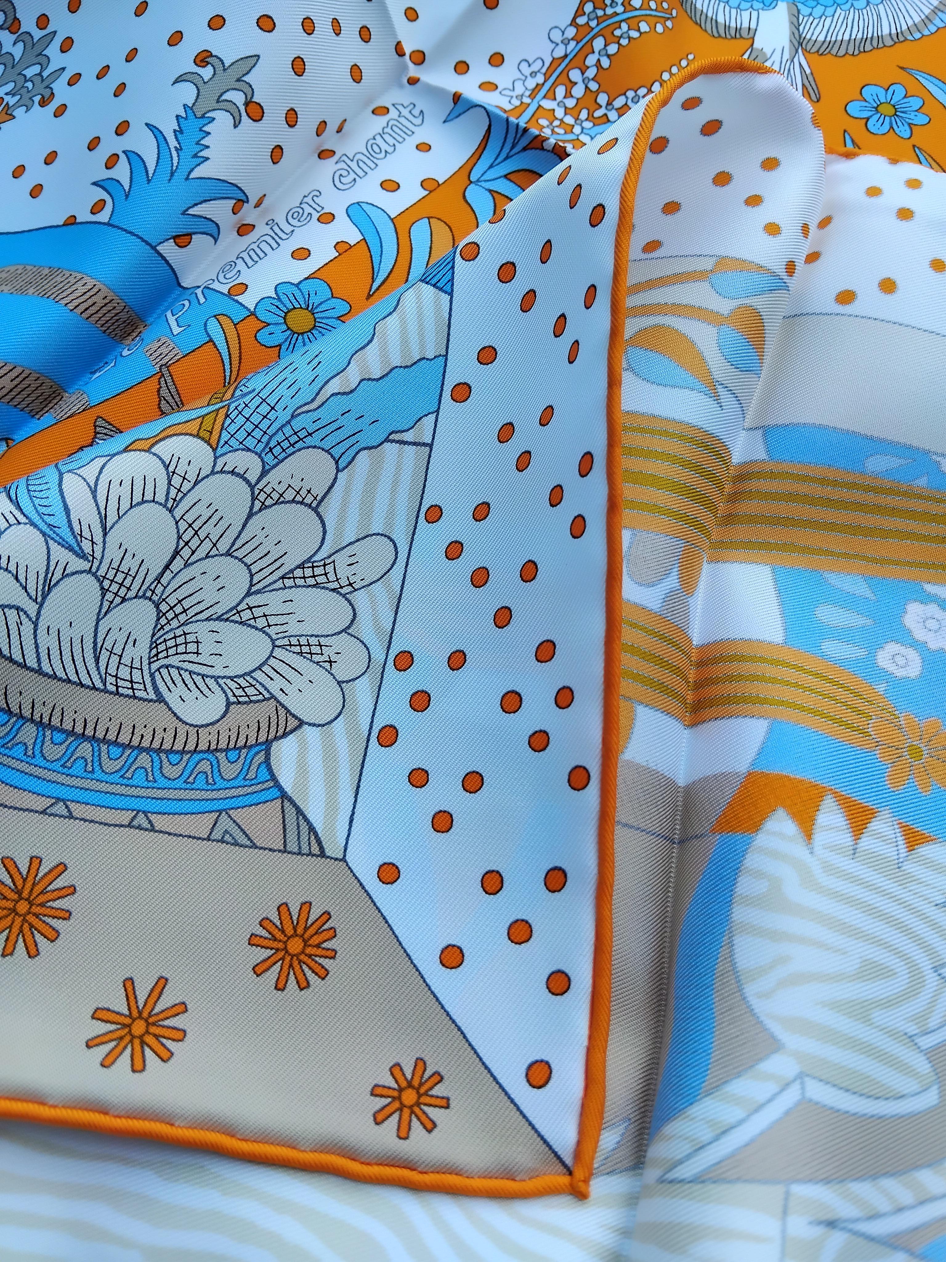 Hermès Le Premier Chant Silk Scarf Orange Blanc Bleu 35' For Sale 12