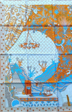 Hermès Le Premier Chant Silk Scarf Orange Blanc Bleu 35'