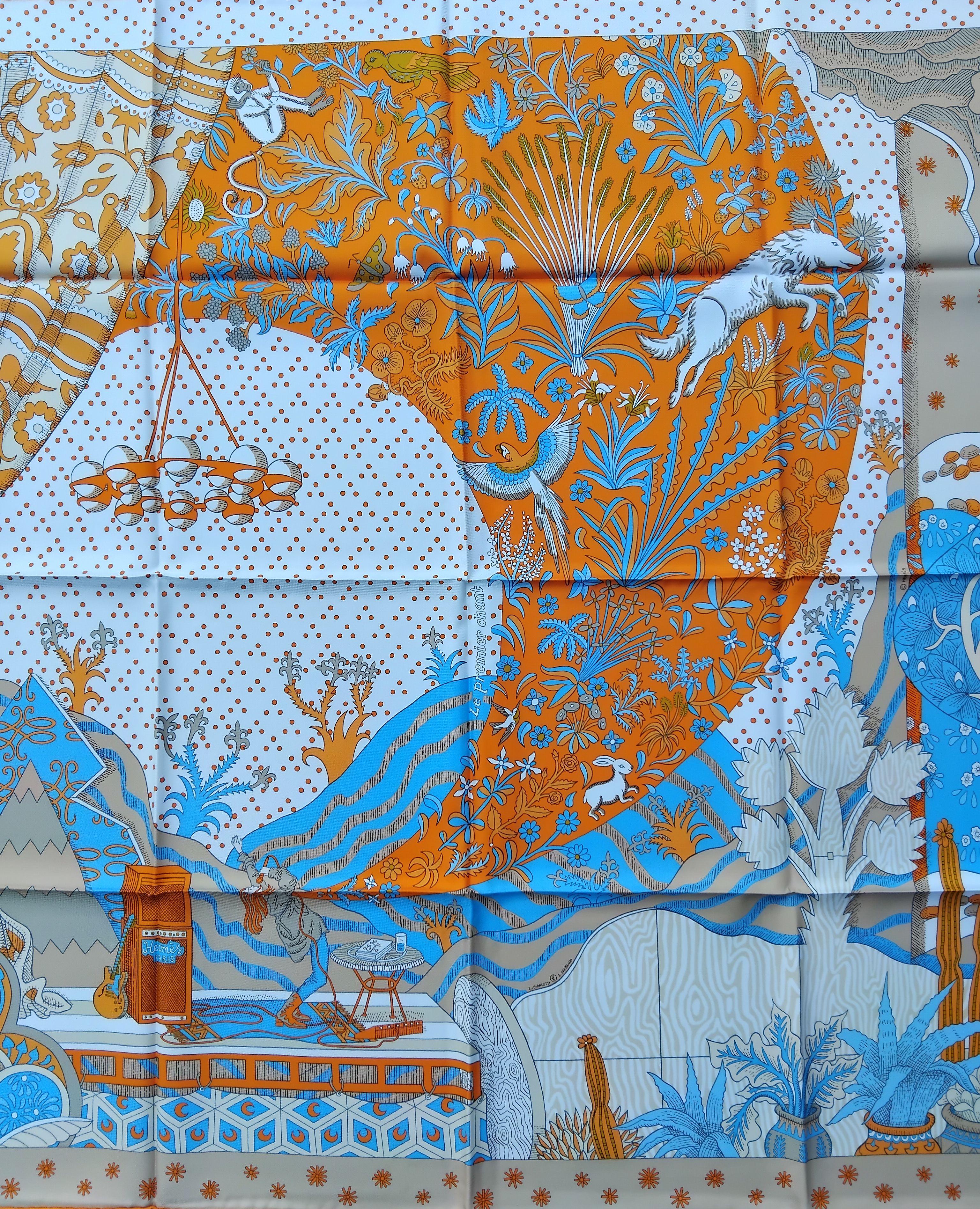 Gray Hermès Le Premier Chant Silk Scarf Orange Blanc Bleu 35' For Sale