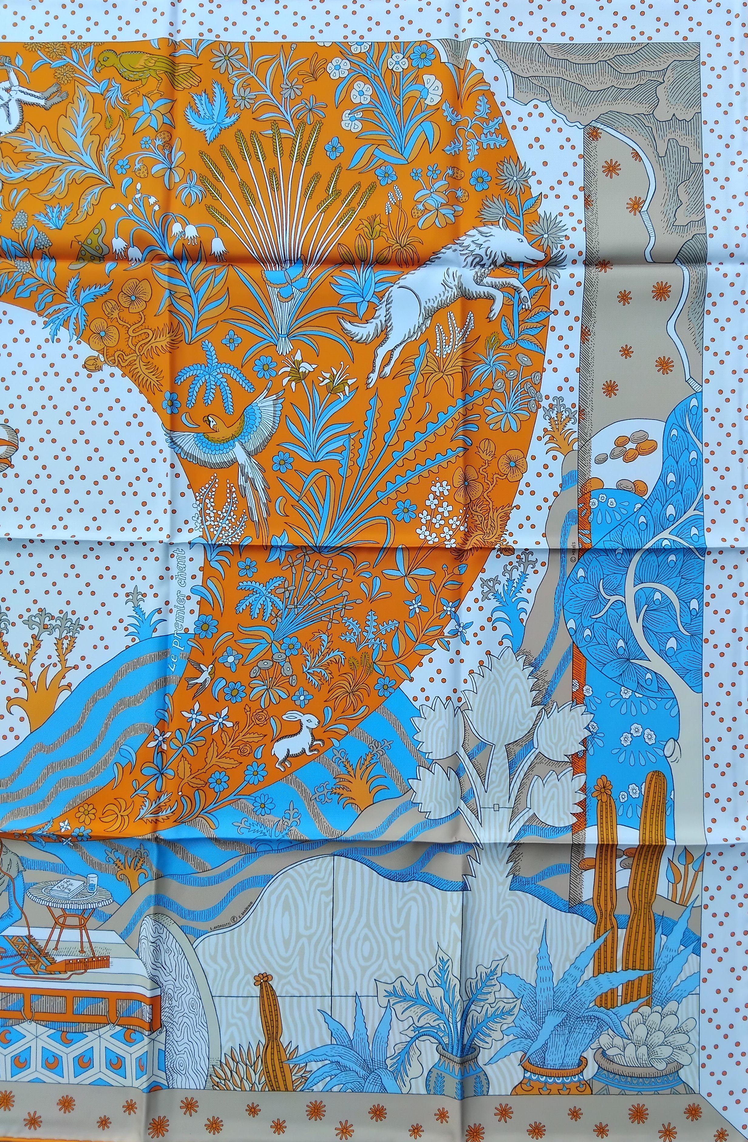 Women's Hermès Le Premier Chant Silk Scarf Orange Blanc Bleu 35' For Sale
