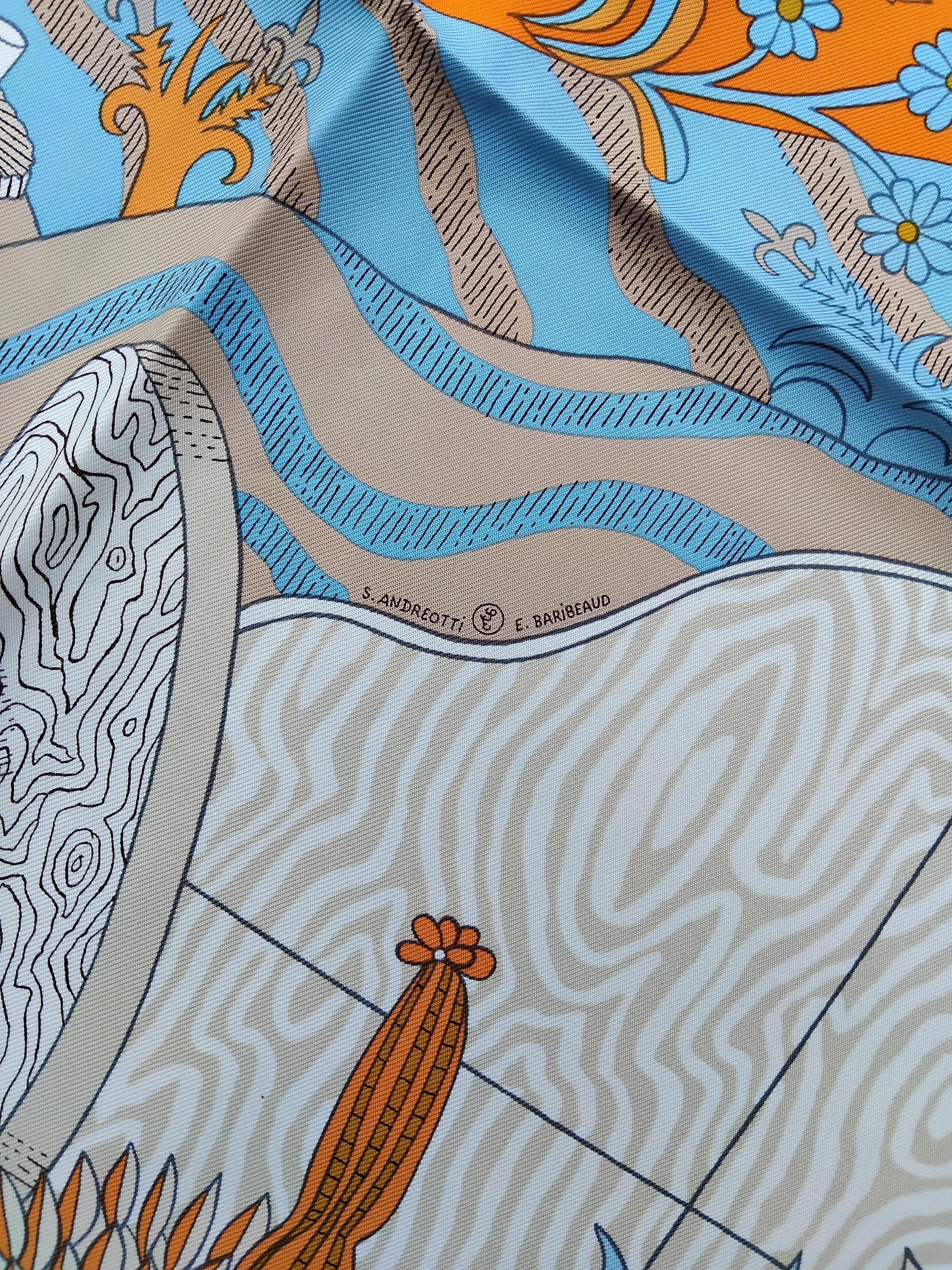 Hermès Le Premier Chant Silk Scarf Orange Blanc Bleu 35' For Sale 2