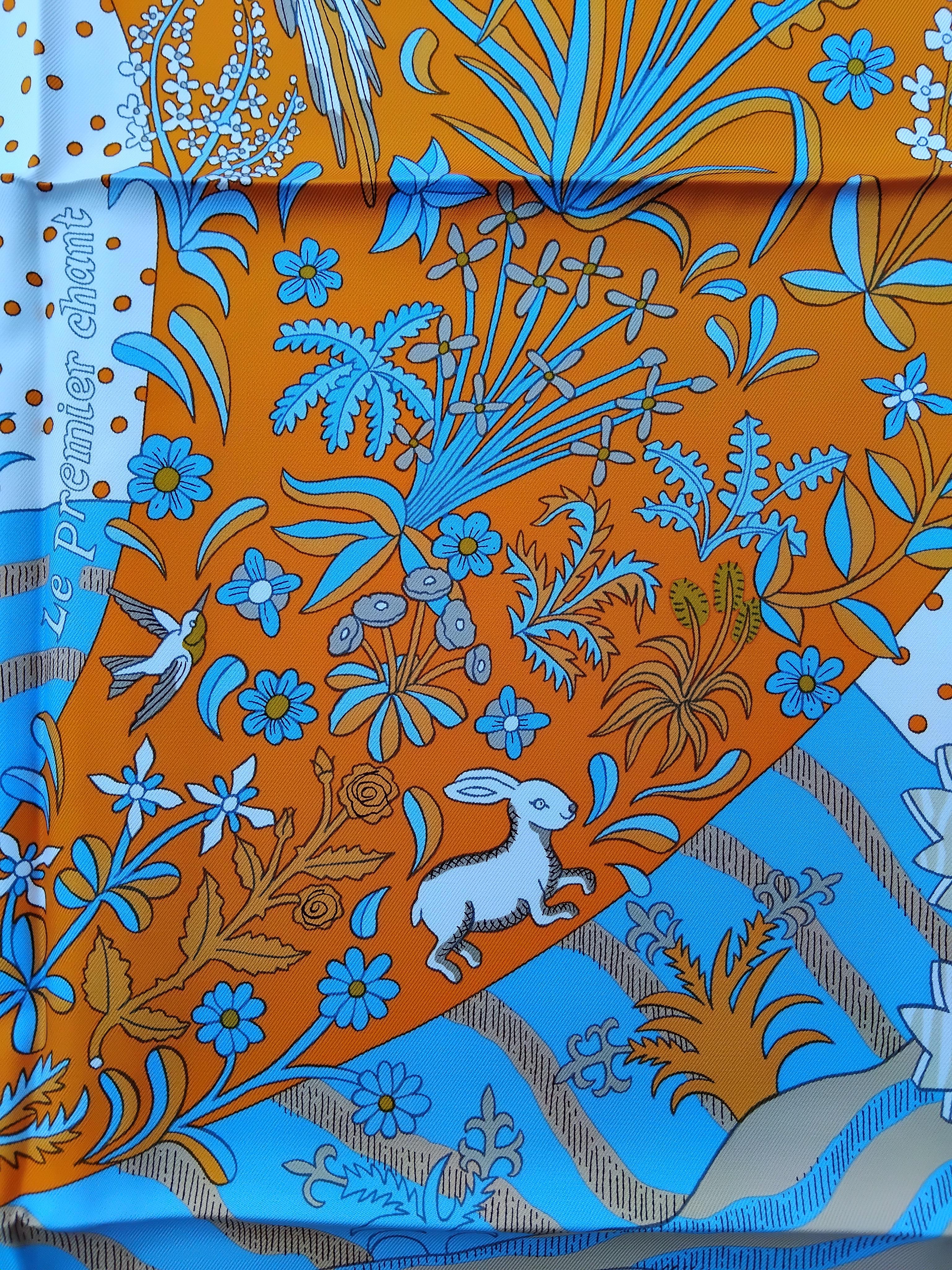 Hermès Le Premier Chant Silk Scarf Orange Blanc Bleu 35' For Sale 3