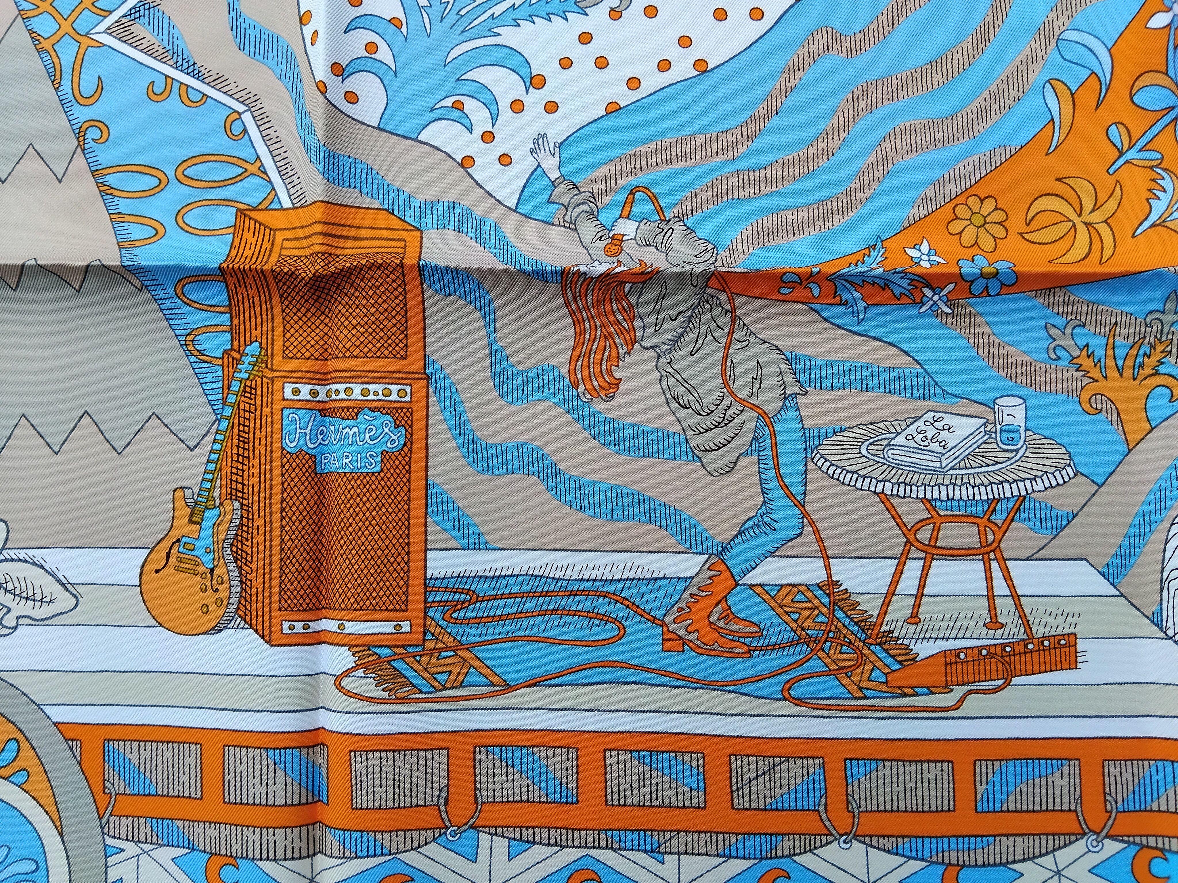 Hermès Le Premier Chant Silk Scarf Orange Blanc Bleu 35' For Sale 4