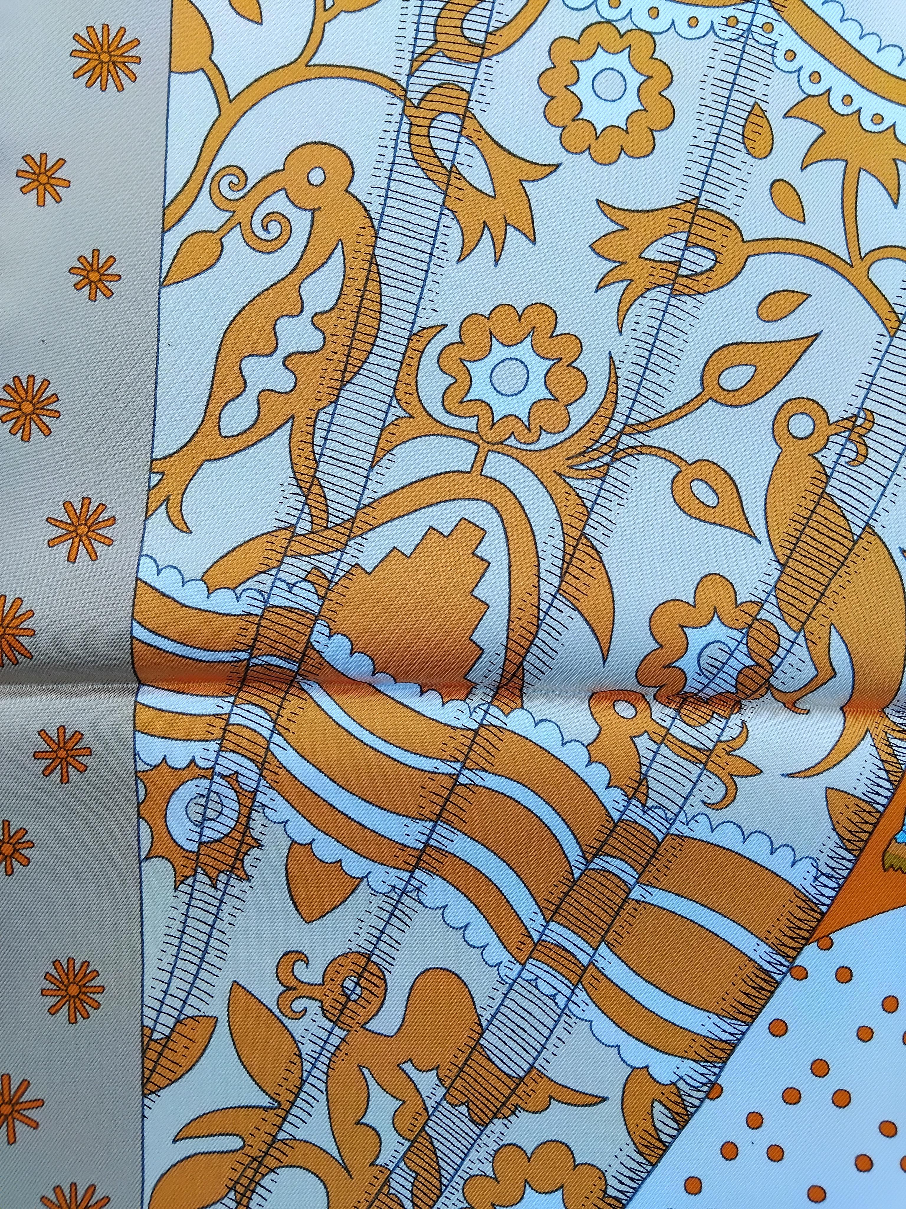 Hermès Le Premier Chant Silk Scarf Orange Blanc Bleu 35' For Sale 5