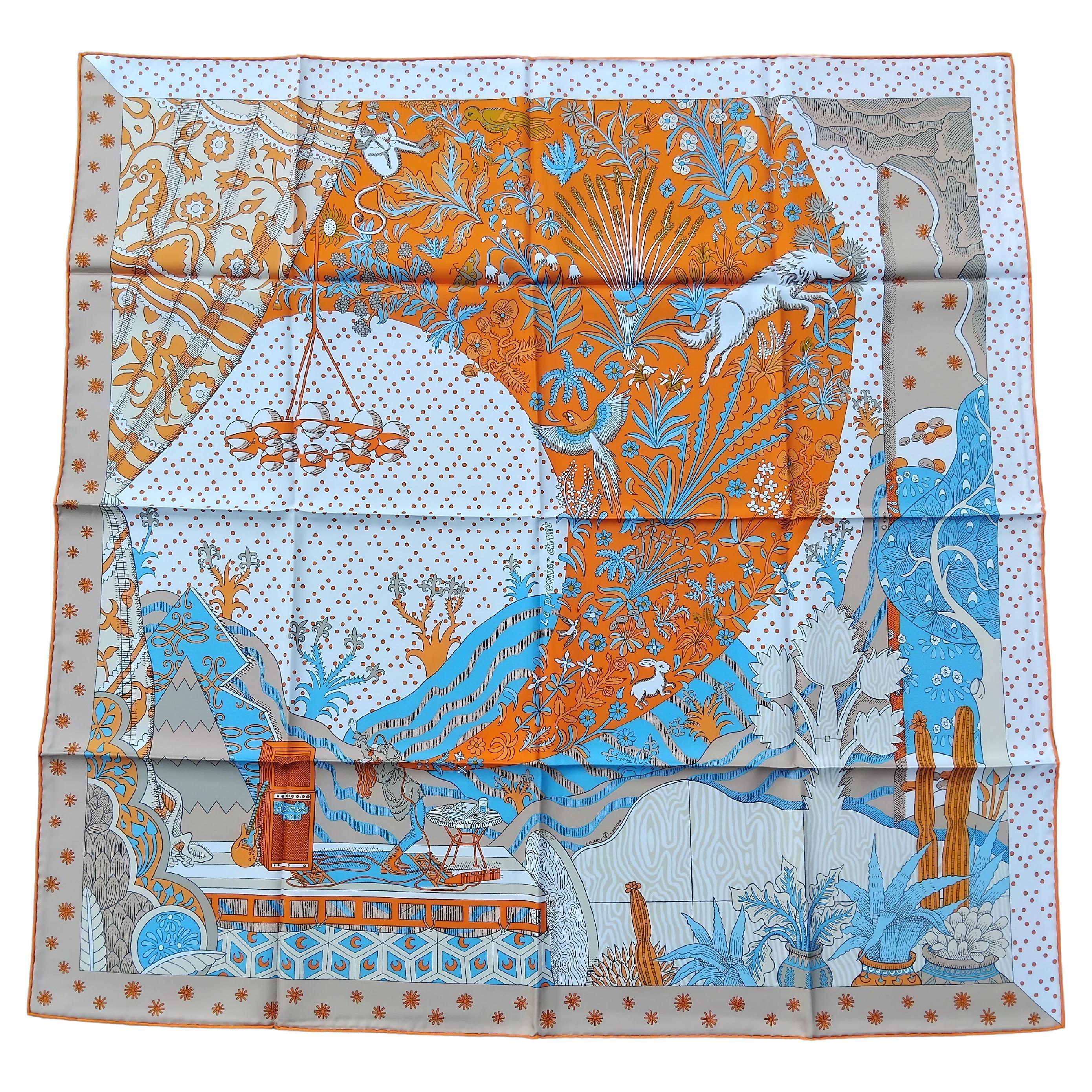 Hermès Le Premier Chant Silk Scarf Orange Blanc Bleu 35' For Sale