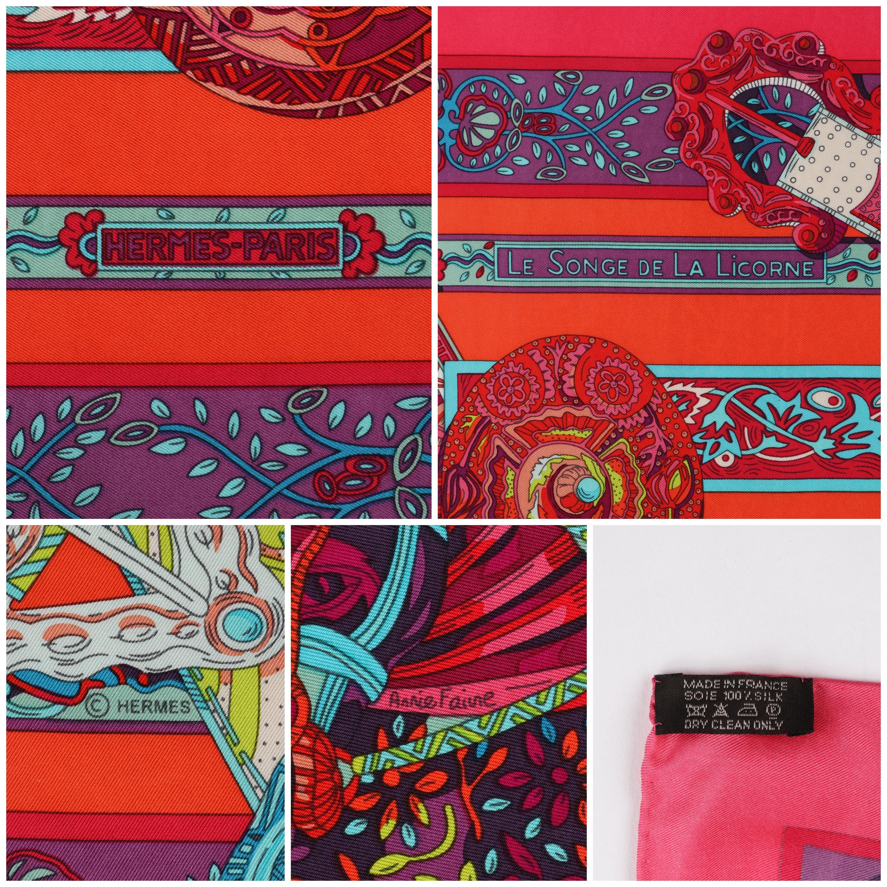 Women's HERMES Le Songe de La Licorne 2015 Pink Orange Geometric Belt Floral Motif Scarf