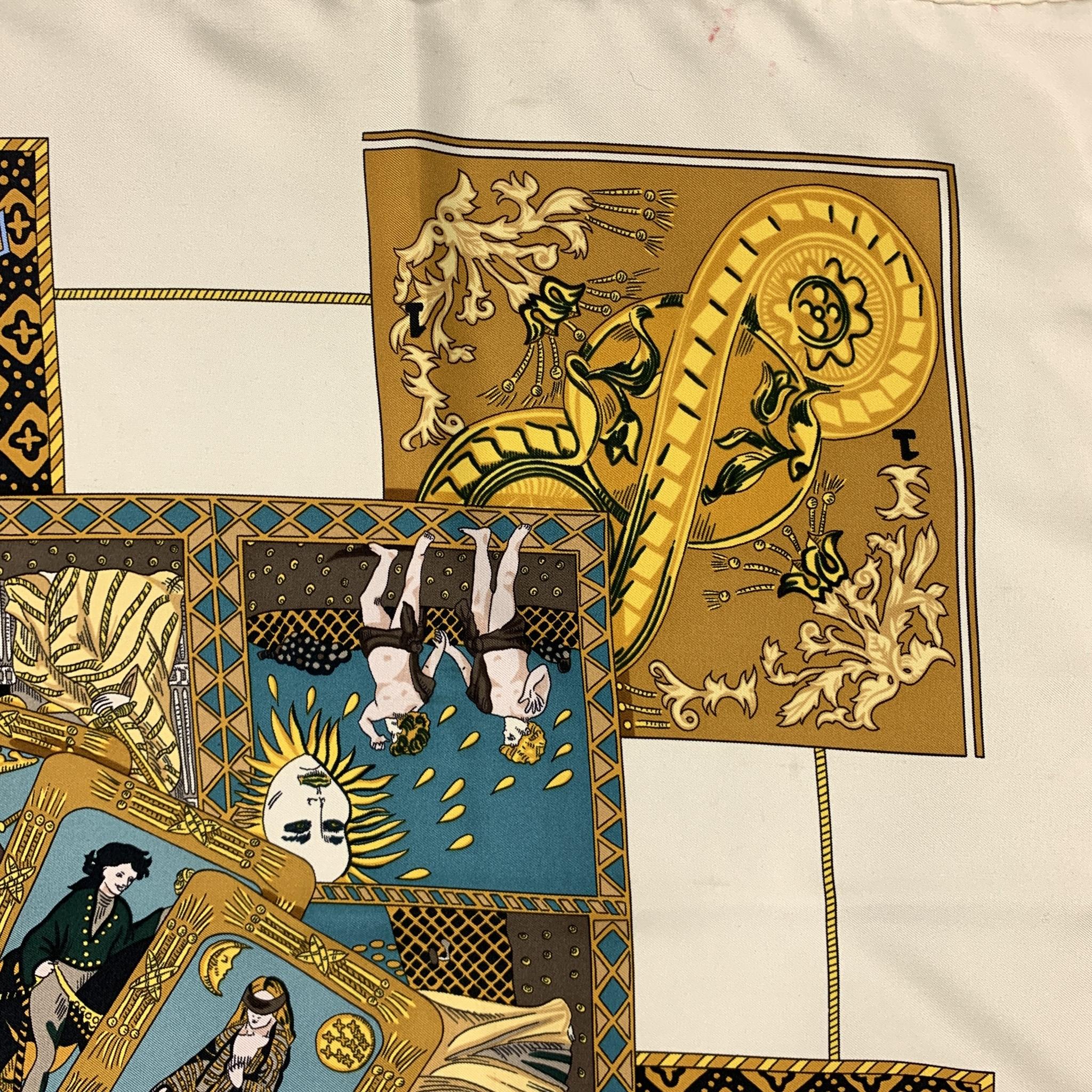 HERMES LE TAROT Beige Silk Scarf In Good Condition In San Francisco, CA
