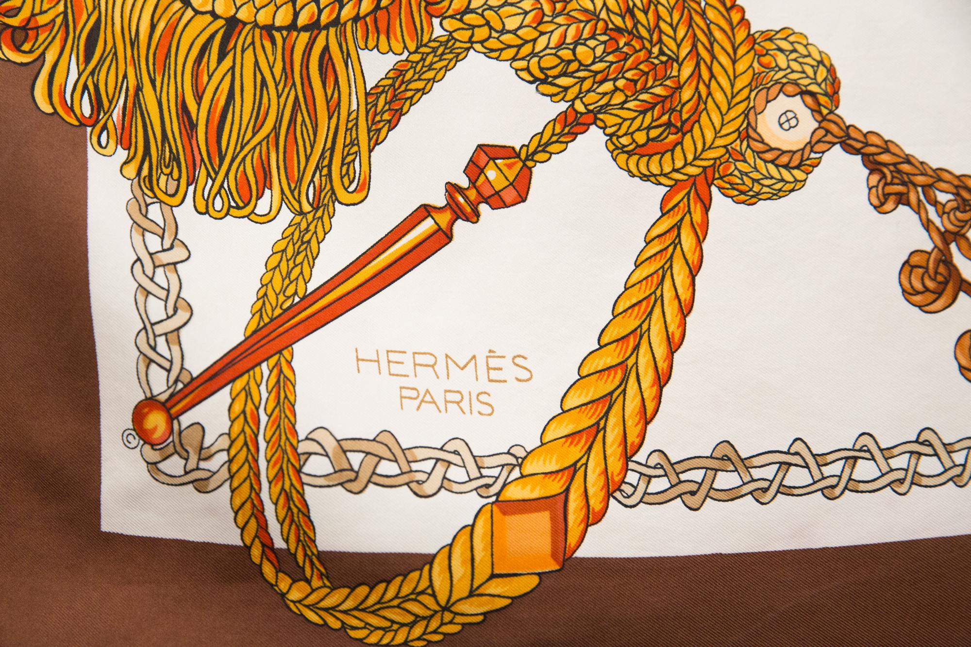 Brown Hermes Le Timbalier by F Heron Silk Scarf For Sale