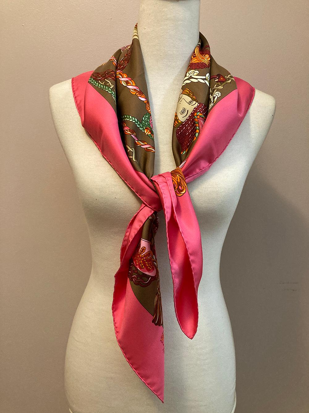 Hermes Le Timbalier Silk Scarf in Pink and Brown c1960s In Excellent Condition In Philadelphia, PA